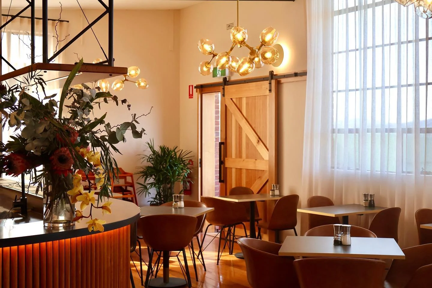 Interior view of a cozy cafe or restaurant with wooden accents, modern lighting fixtures, and a large window with sheer curtains, featuring tables with small salt and pepper shakers, a decorative flower arrangement, and potted plants.