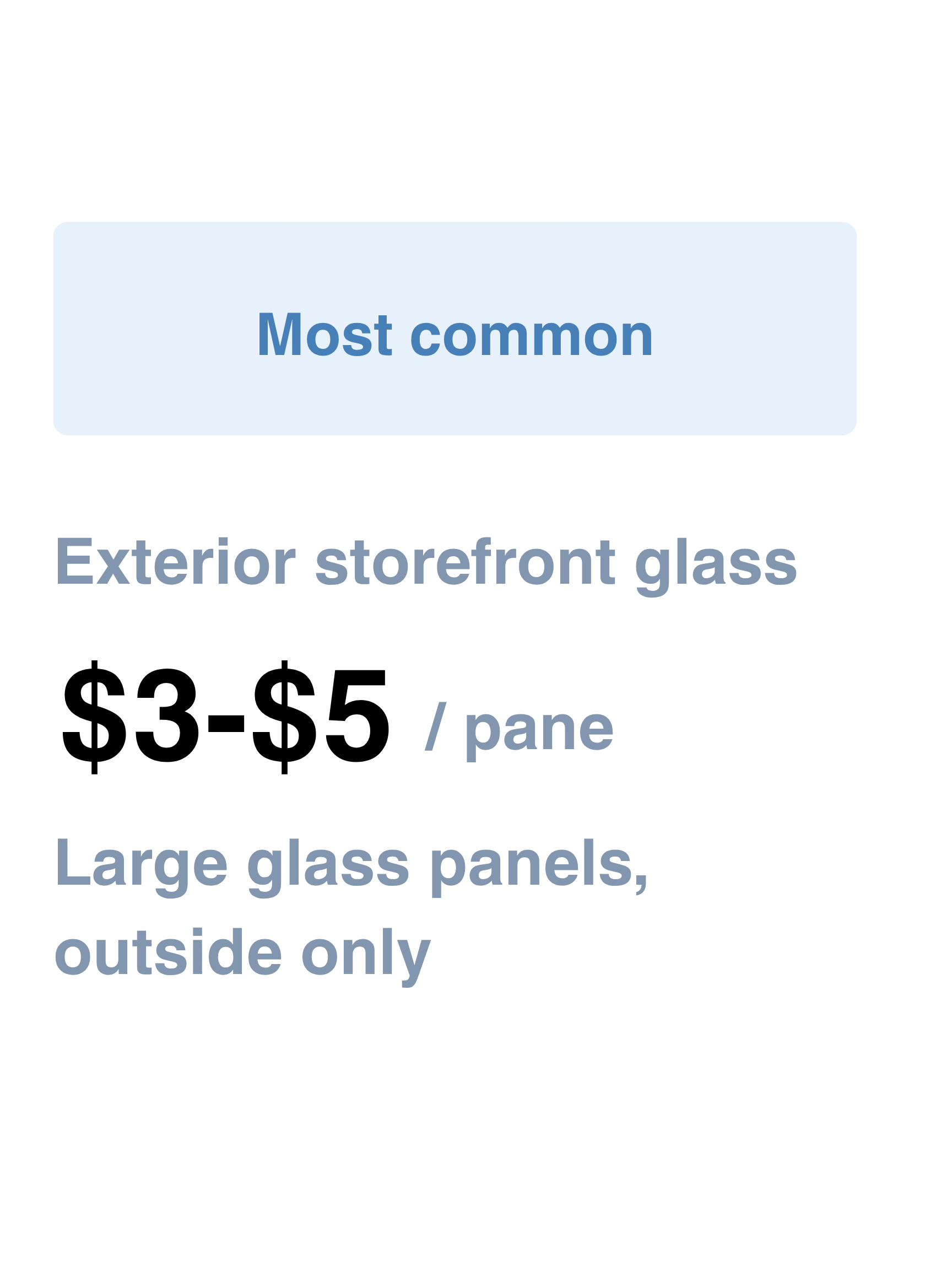 Here are the alt texts for each of the four commercial pricing icons:  Exterior storefront glass (Most Common)  alt="Exterior storefront window cleaning service icon