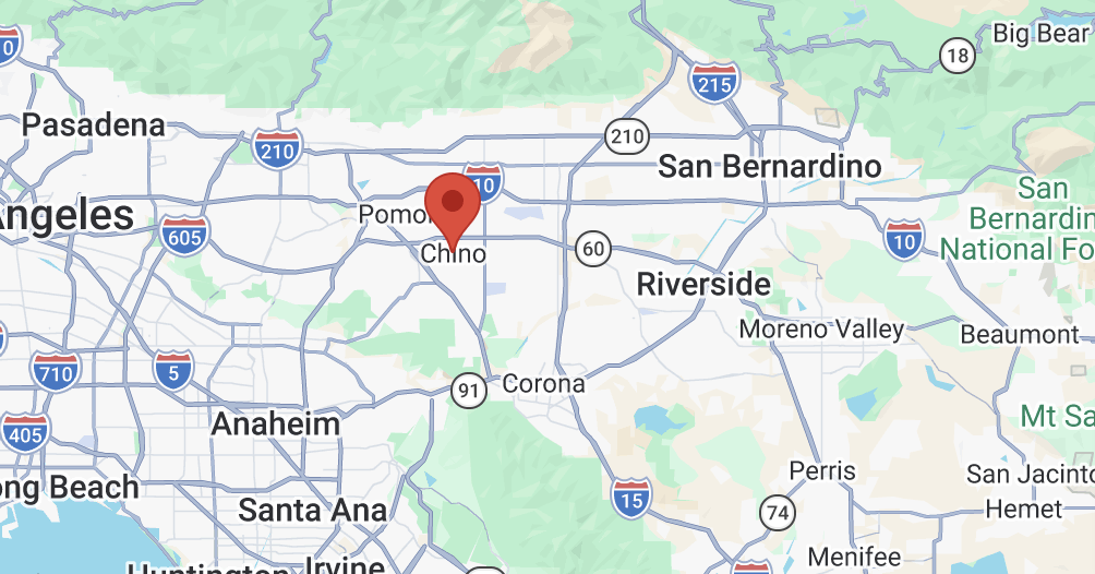 Map showing the location of Chino, California, near Los Angeles and Riverside.