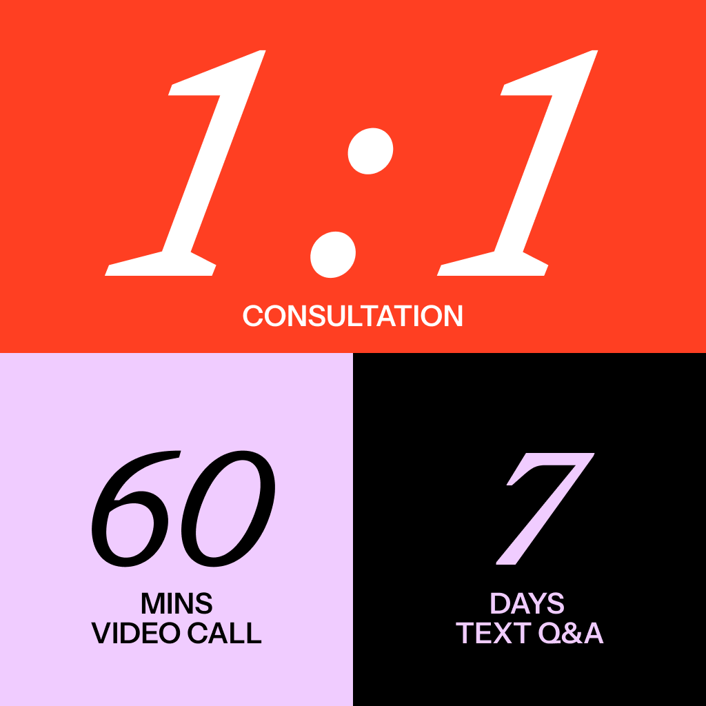 A color block infographic with four sections. The top section has a red background with large white text reading '1:1' and the word 'Consultation' below it. The bottom left section has a light purple background with black text stating '60 MINS VIDEO CALL'. The bottom right section has a black background with purple text indicating '7 DAYS TEXT Q&A'.