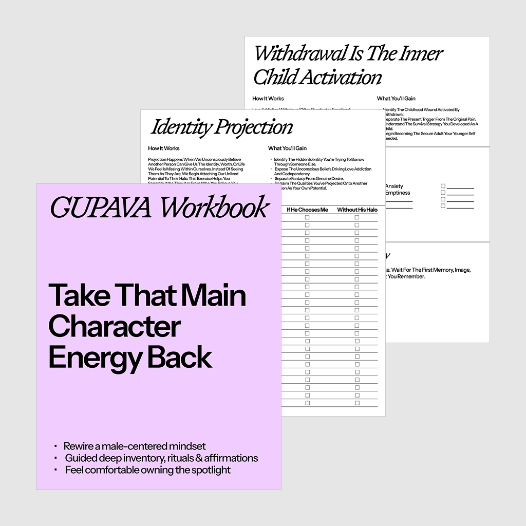 Three protocol sheets titled "Identity Projection," "Withdrawal Is the Inner Child Activation," and a workbook page titled "GUPAVA Workbook" with the tagline "Take That Main Character Energy Back."