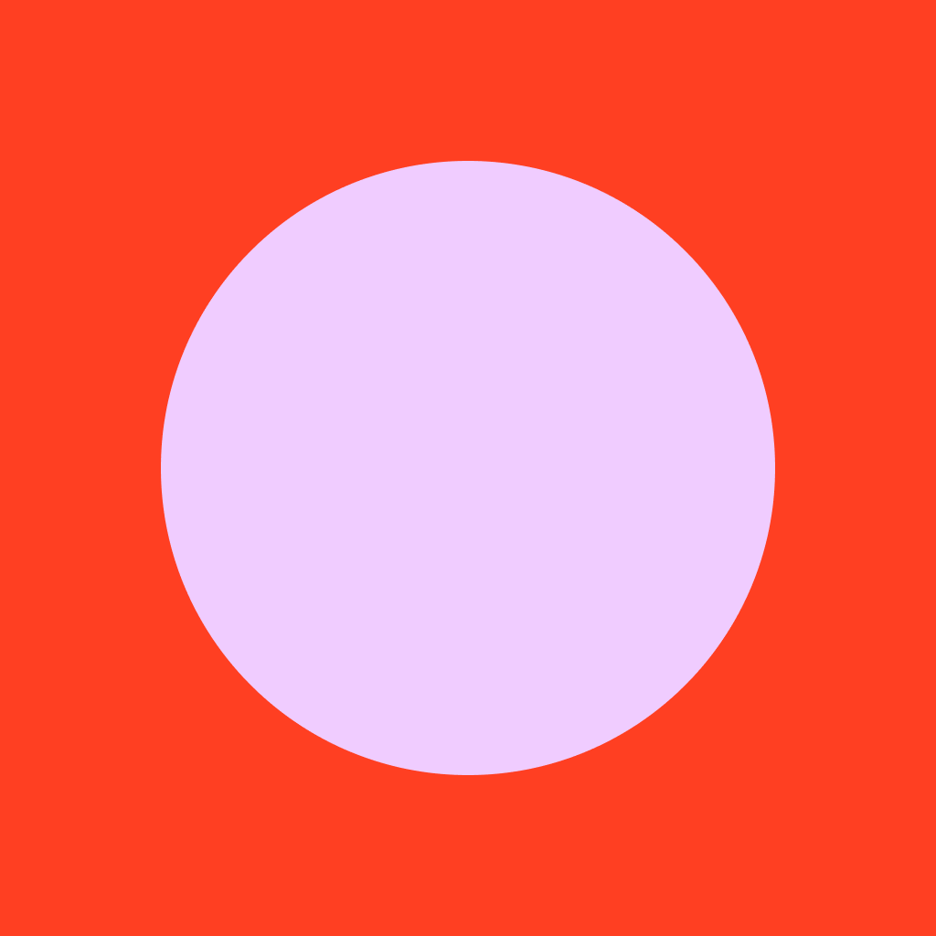 A large pale lavender circle on a bright red background.