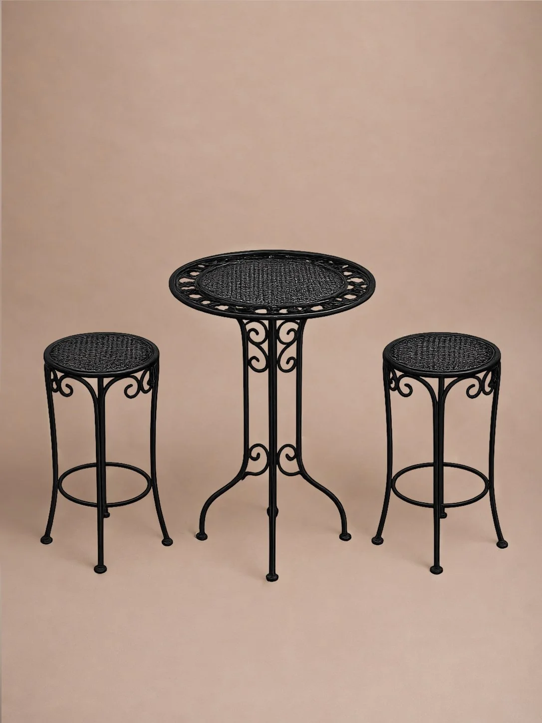 Black Fleur vintage bar table styled with matching bar stools — cocktail event hire Taranaki