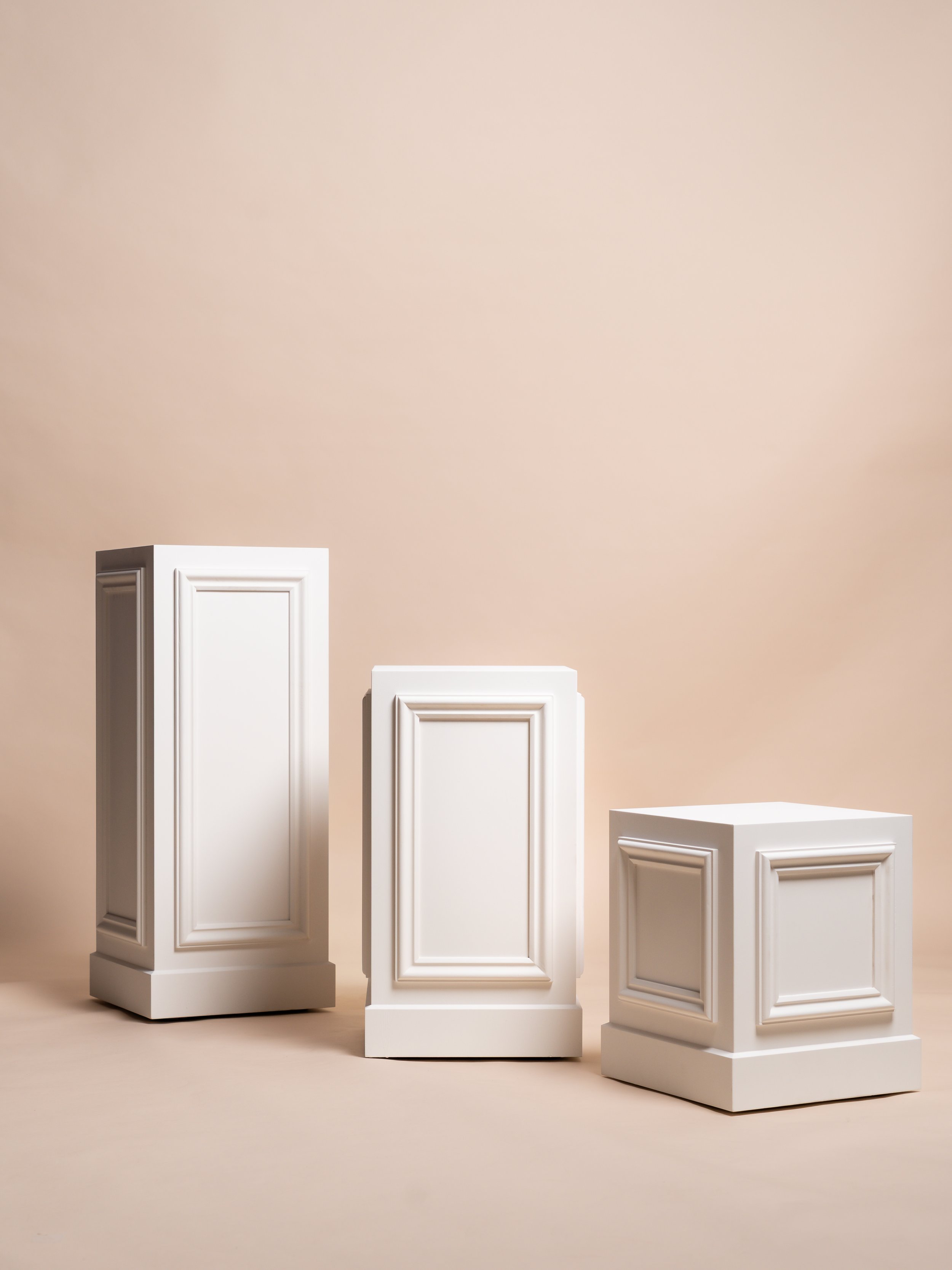 Classic Collection plinth set — small, medium and large plinths for wedding décor hire