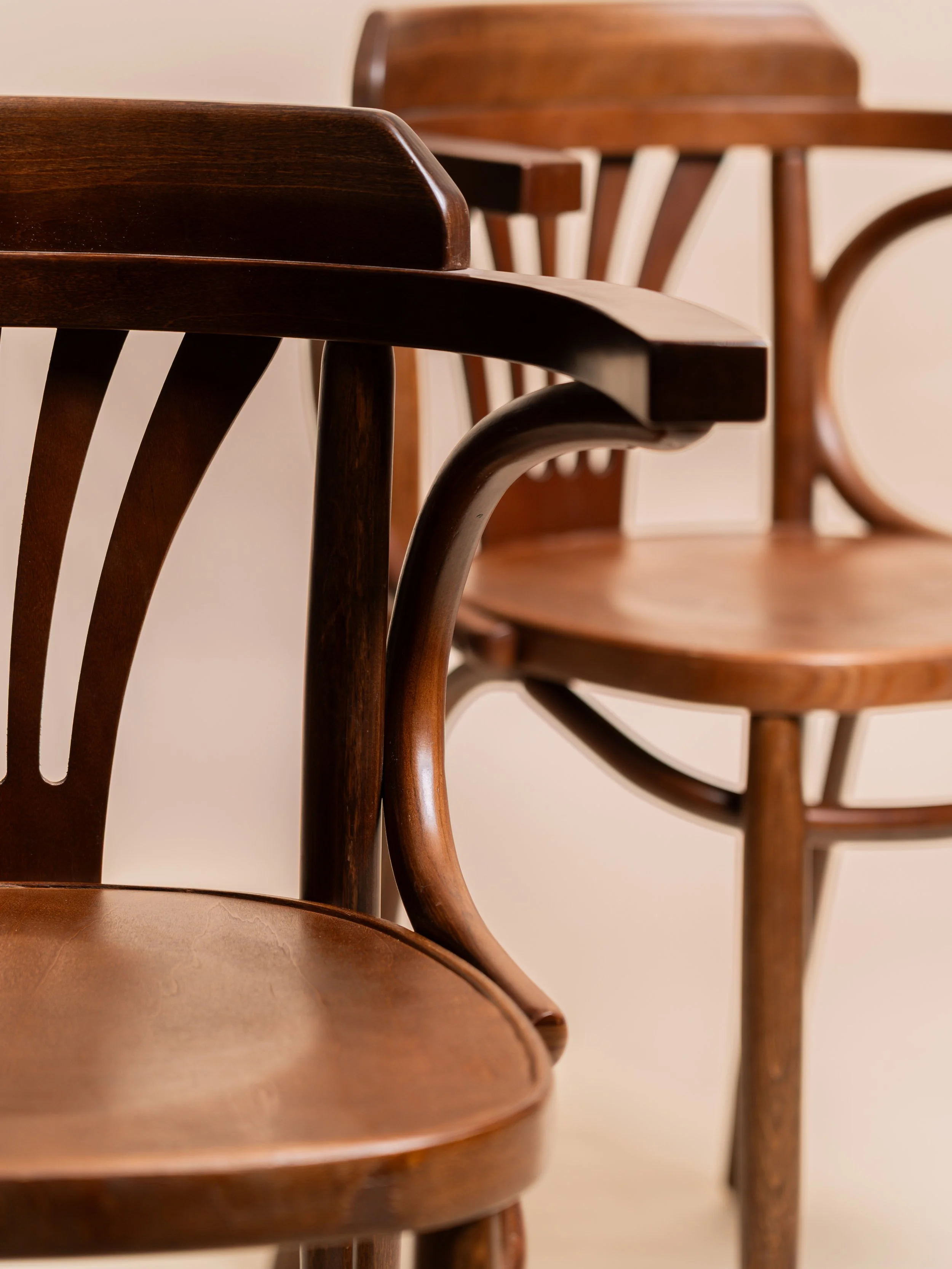 Close‑up detail of walnut bentwood dining chair — event seating hire