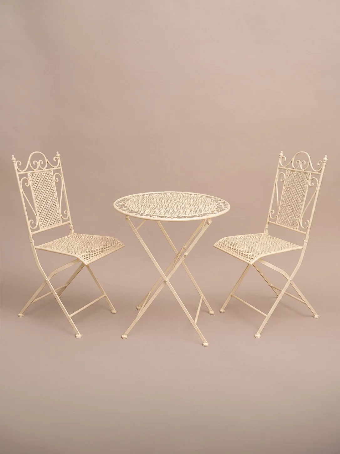 Cream ivory vintage garden table with matching dining chairs — outdoor wedding hire Taranaki