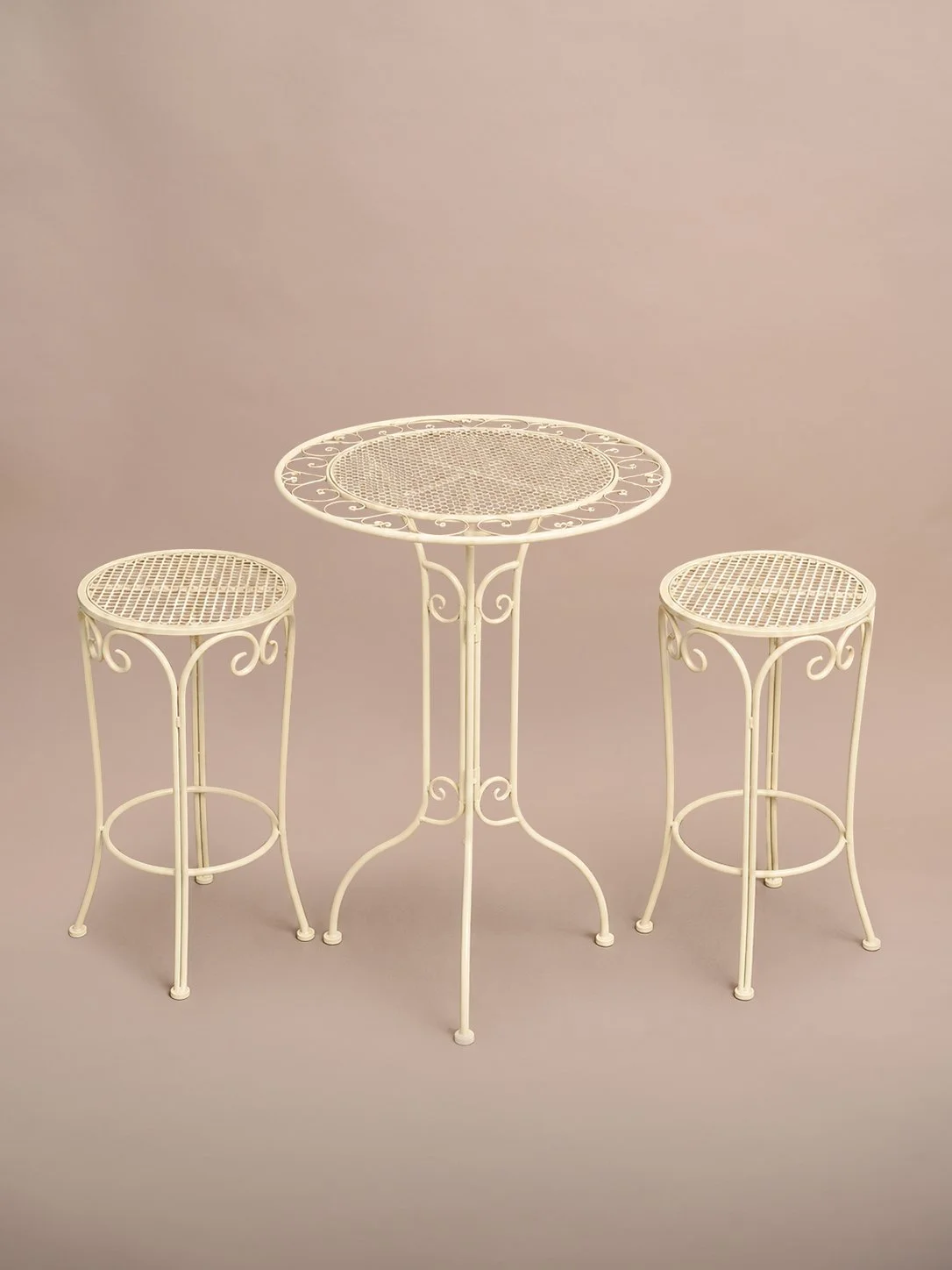 Cream Fleur vintage bar table styled with matching bar stools — elegant cocktail event hire