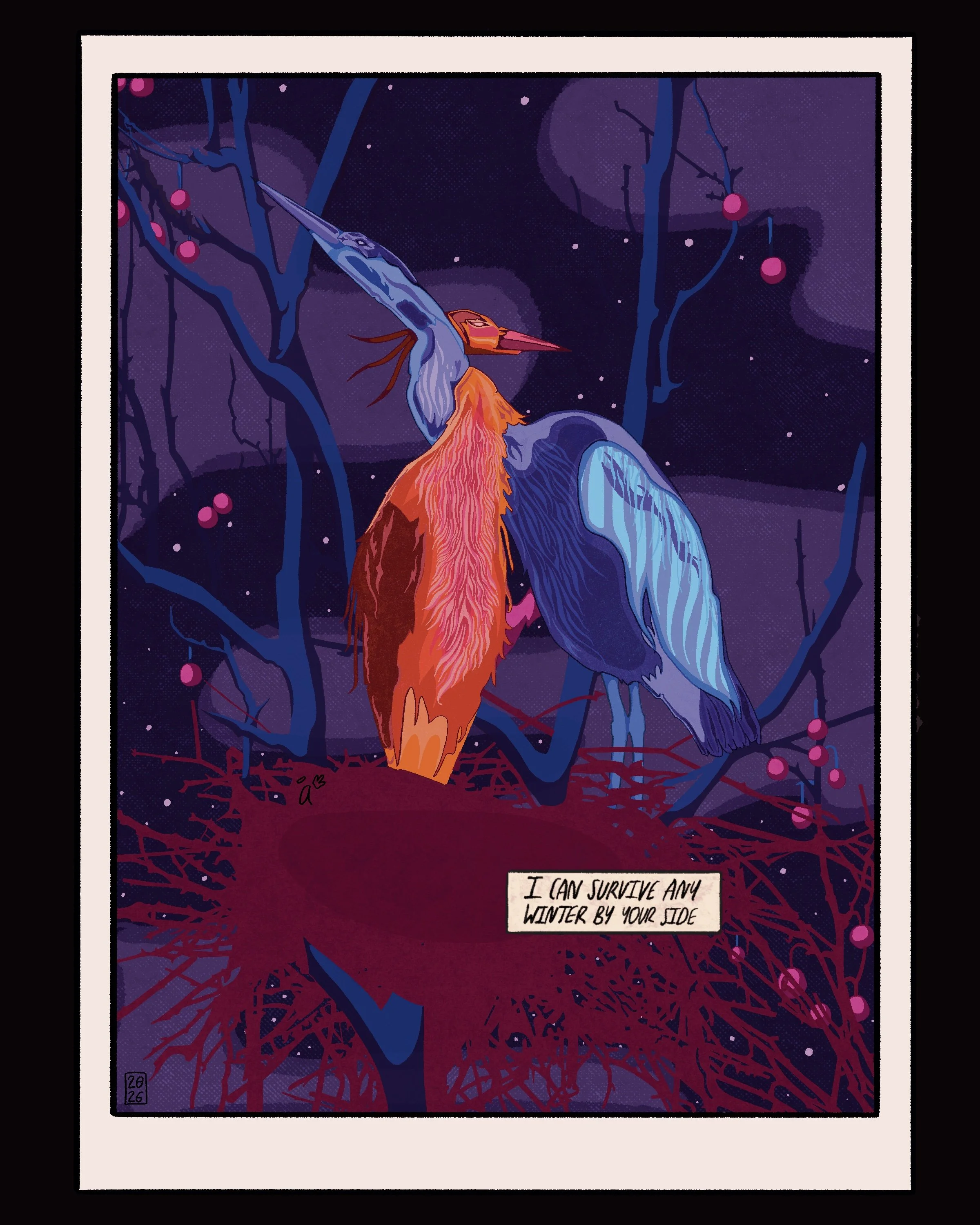 A colorful illustrated bird with orange, red, blue, and purple feathers standing on a nest in a tree against a night sky with purple clouds and stars. A caption says, "I CAN SURVIVE ANY WINTER BY YOUR SIDE."