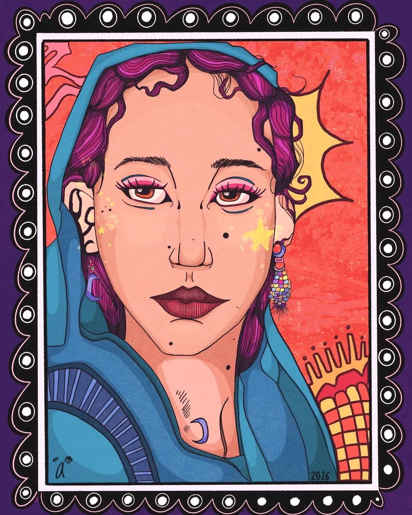 A colorful digital illustration of a woman with purple hair, wearing makeup, a blue hoodie, and jewelry, set against a vivid orange and pink background with decorative border.