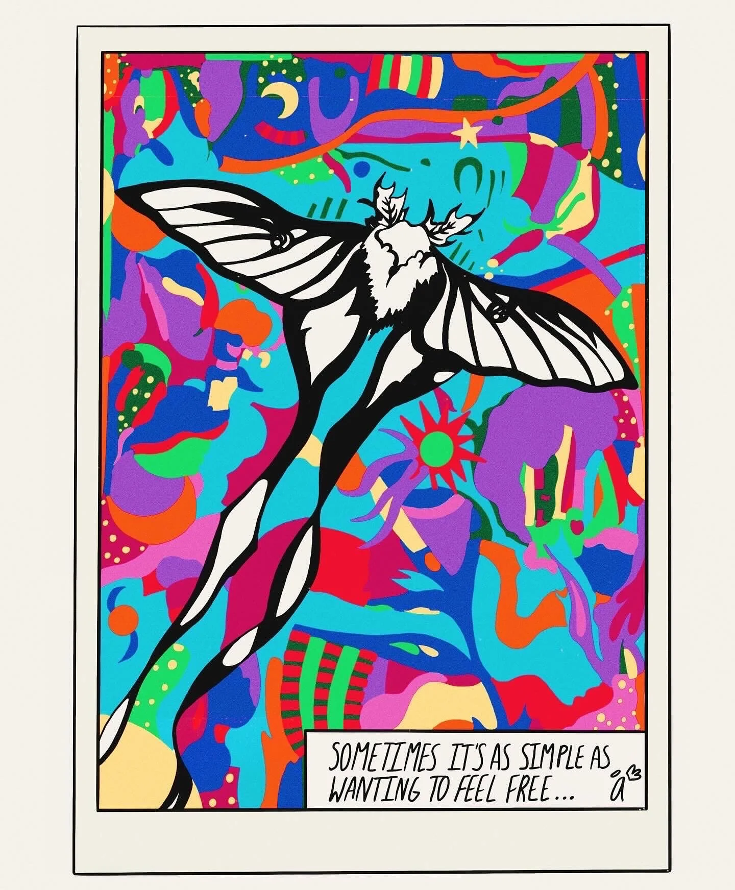 Colorful abstract mural featuring a black and white butterfly with the phrase "Sometimes it's as simple as wanting to feel free..." in a white box at the bottom right corner.