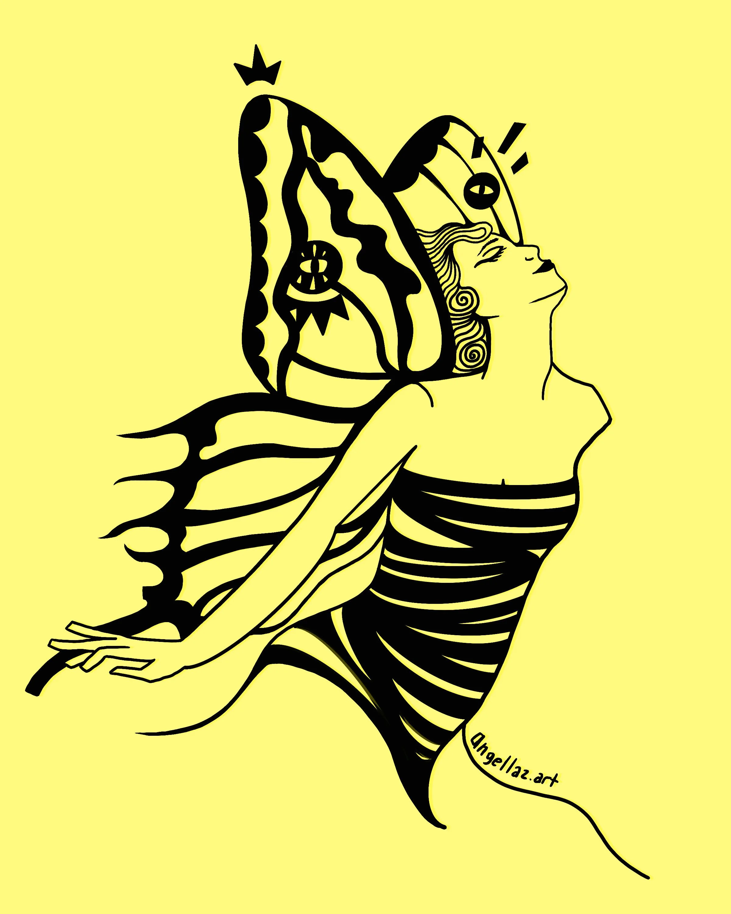 Stylized illustration of a woman with butterfly wings, wearing a striped dress, with her head tilted back and eyes closed, on a yellow background.