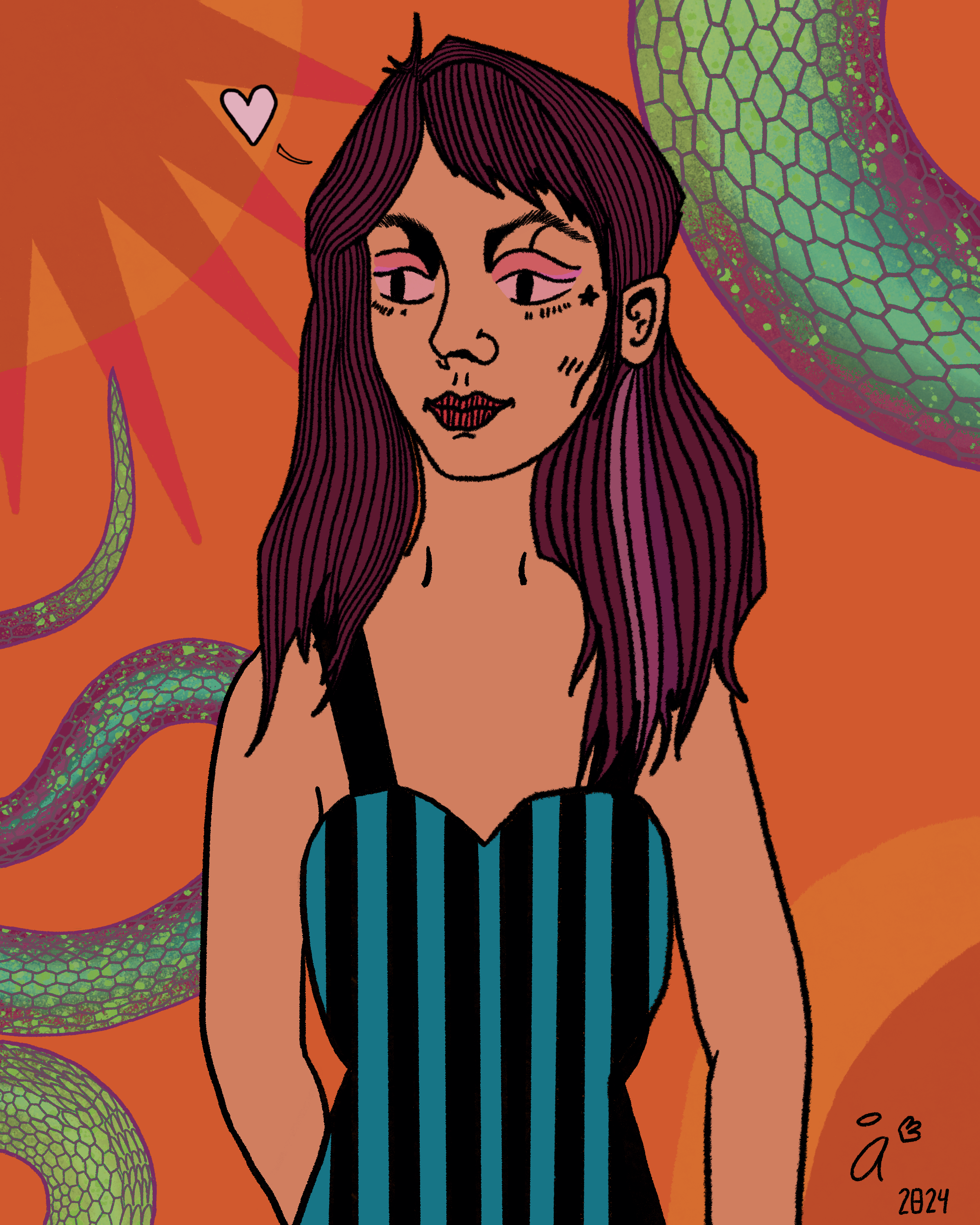 An animated illustration of a woman with long purple hair, pink eyeshadow, and a star tattoo near her eye, wearing a striped blue and black dress. She has a small smile, and a pink heart is floating near her head against an orange background with gre