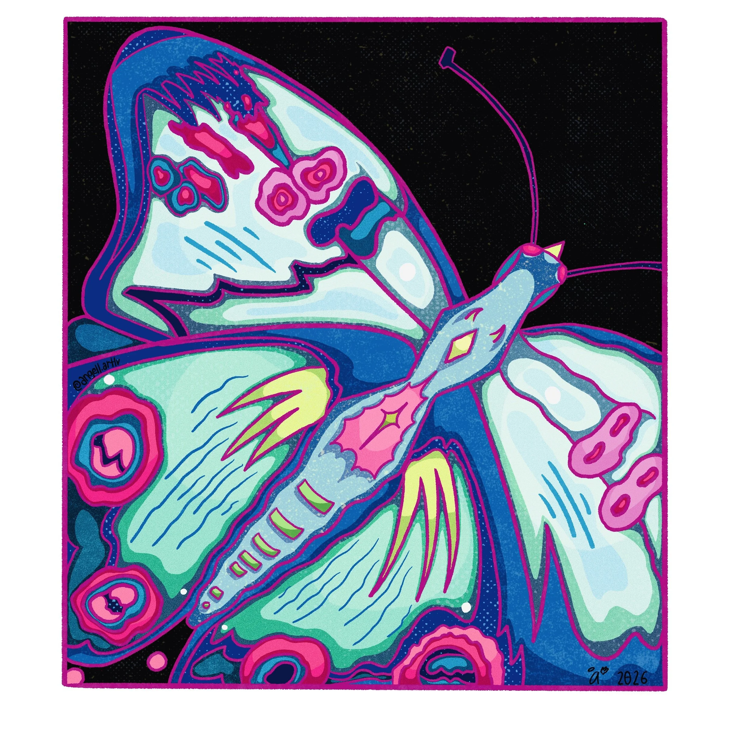 A colorful digital illustration of a butterfly with vibrant pink, green, blue, yellow, and purple colors on a black background with pink border.