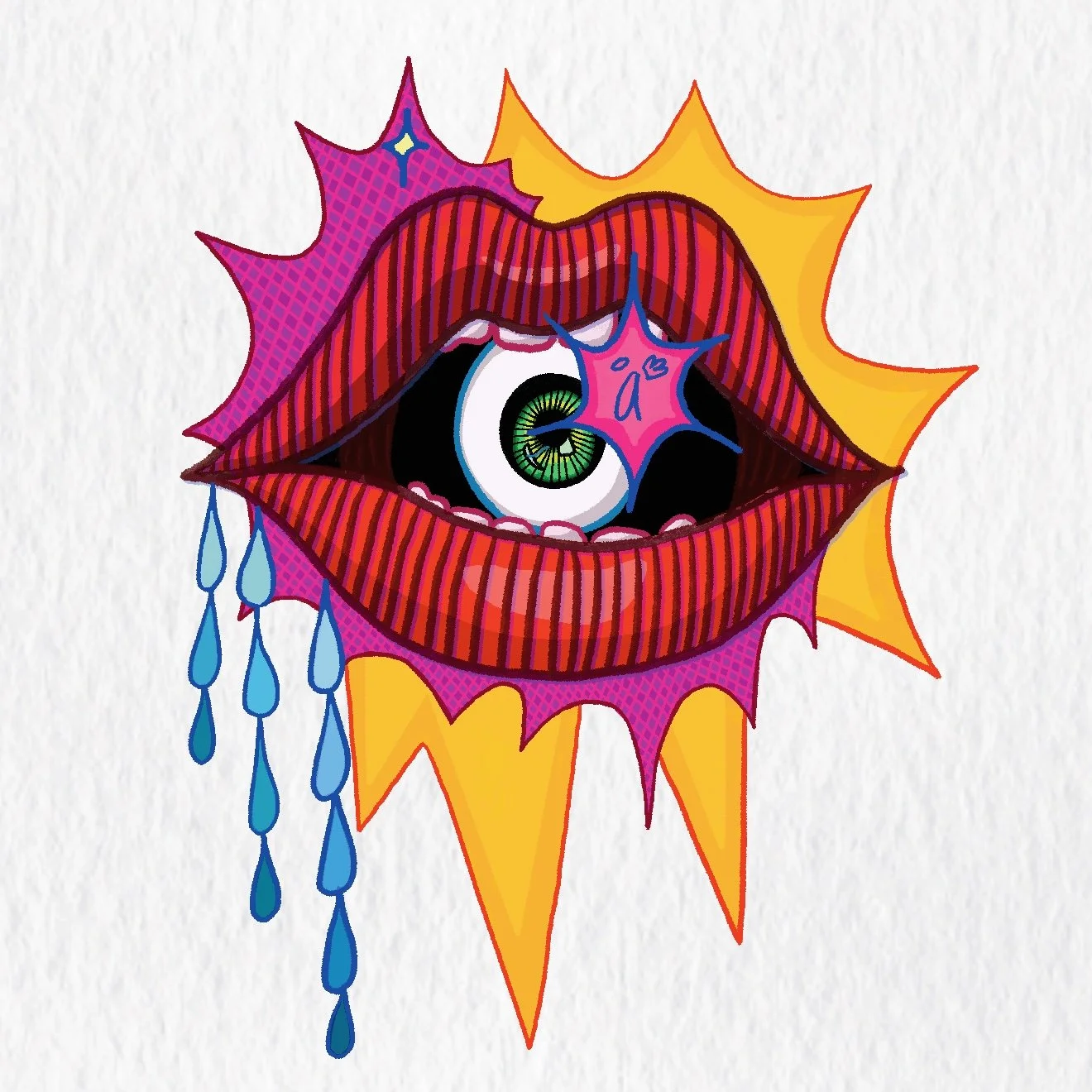 A colorful, surreal illustration of a pair of lips with a large eye in the middle, surrounded by explosive shapes and blue teardrops.