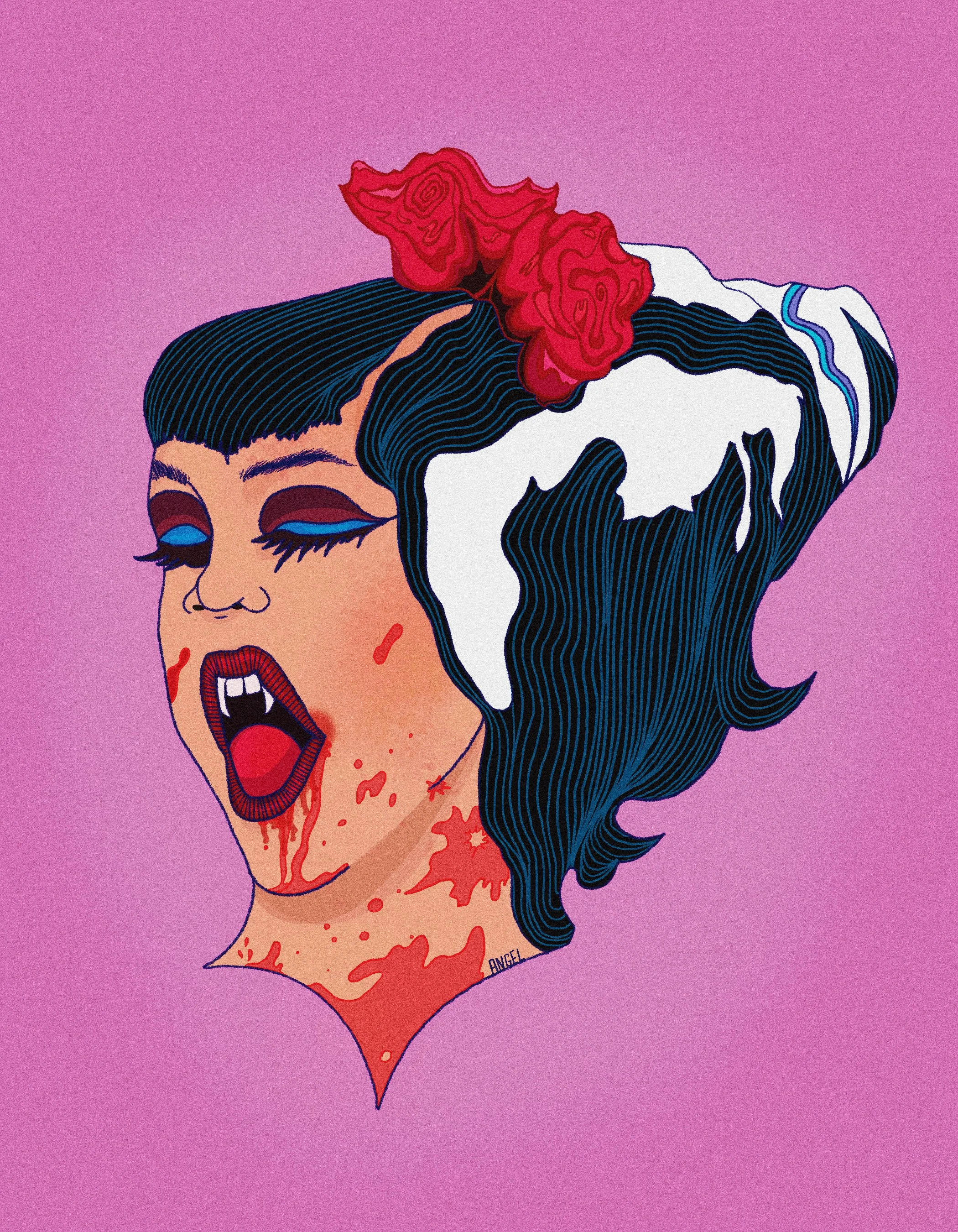 A cartoon-style illustration of a woman with black hair, red rose, vampire fangs, bleeding lips, and blood on her neck, with a lavender background.