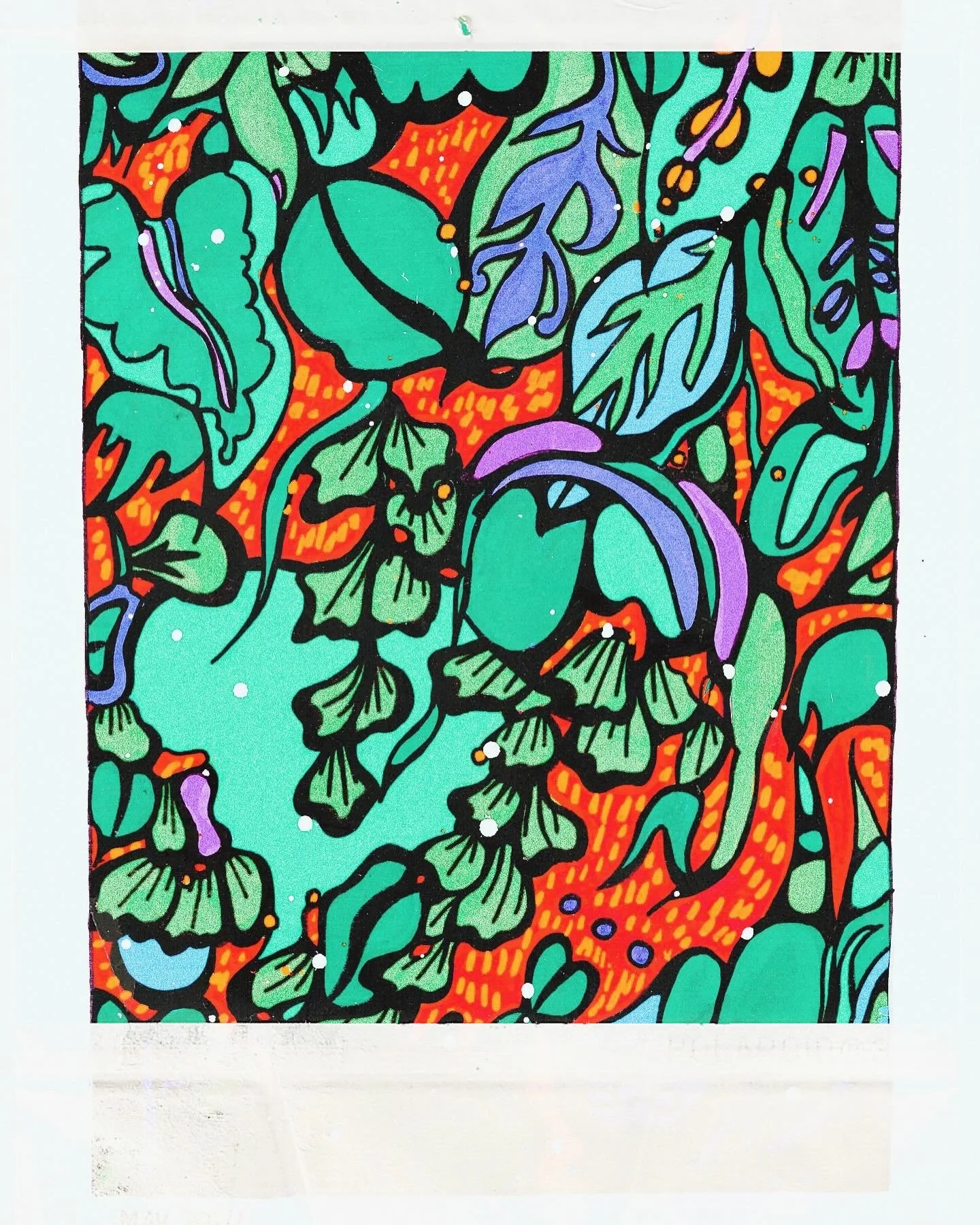 Colorful abstract floral and plant pattern with bold black outlines, green, purple, and orange colors, and small white dots.