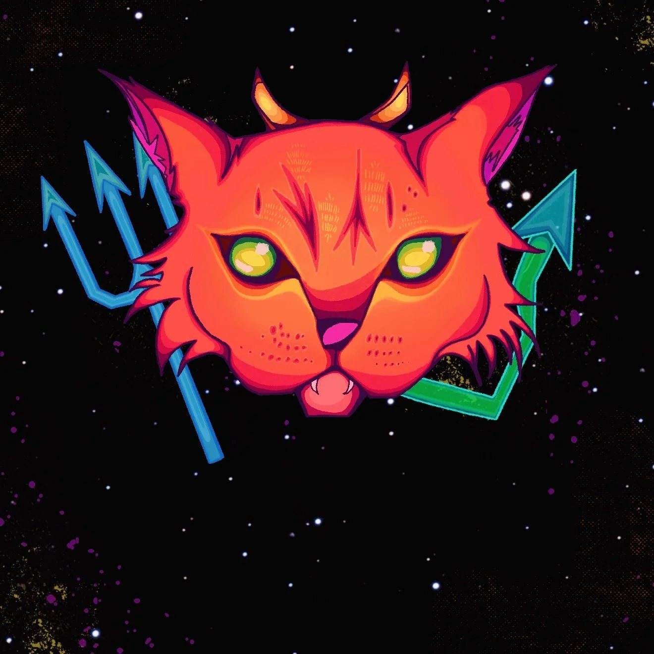 A neon-style illustration of a cat's face with green eyes and an open mouth showing fangs, set against a starry black background with colorful arrows behind it.