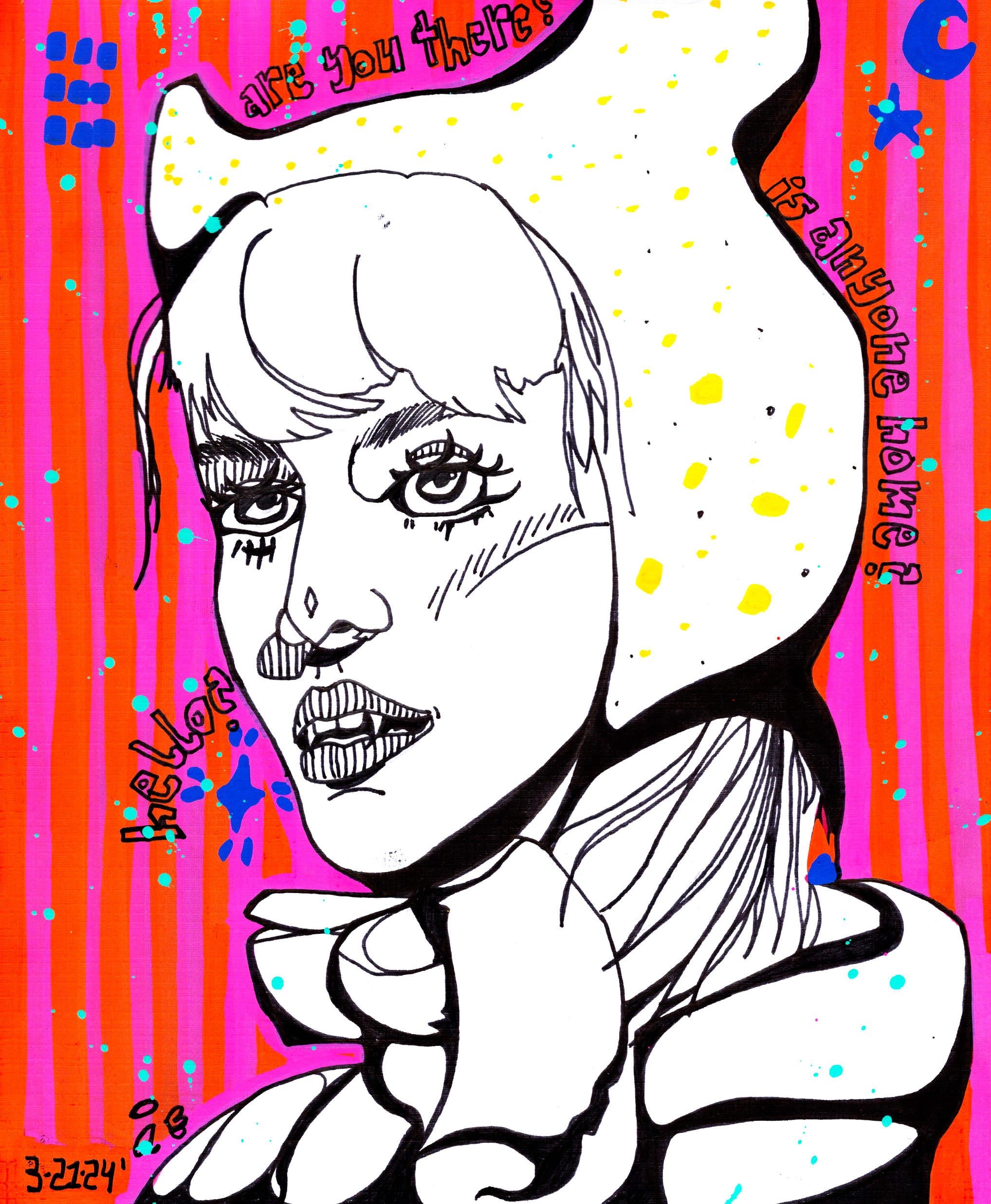 A colorful, cartoon-style illustration of a woman with three eyes, with a pink and orange striped background with paint splatters. The woman has short hair, a freckles, and wears a bow tie. There are handwritten text elements in black and pink, with 