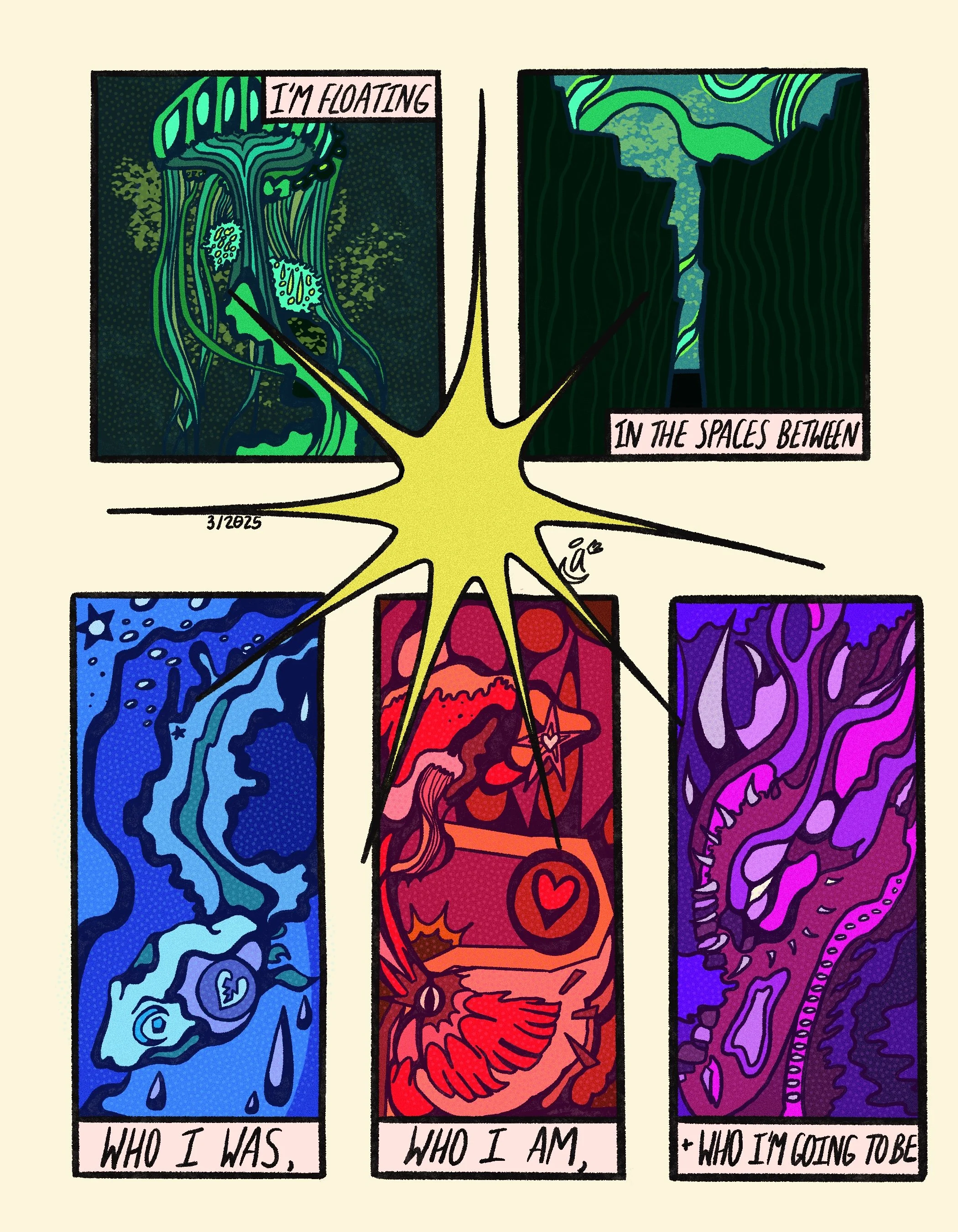 Comic art with abstract, colorful panels and text. Top left: green abstract figure with the caption 'I'm floating.' Top right: dark green patterns with the caption 'In the spaces between.' Bottom left: blue swirls with the caption 'Who I was,' Bottom