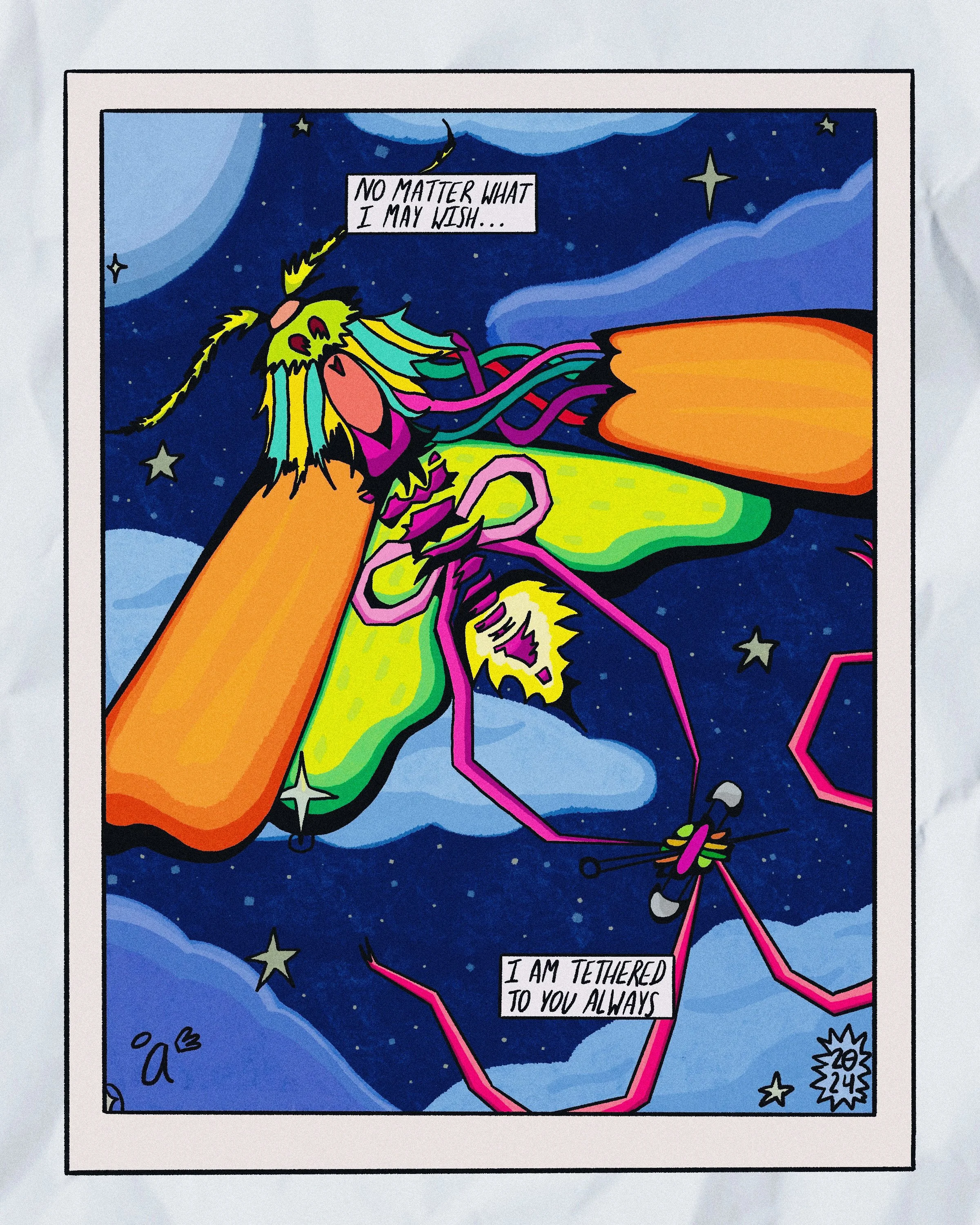 A colorful comic-style illustration of a moth and a moth antennae in space with stars and clouds, featuring dialogue: 'No matter what I may wish...' and 'I am tethered to you always.'