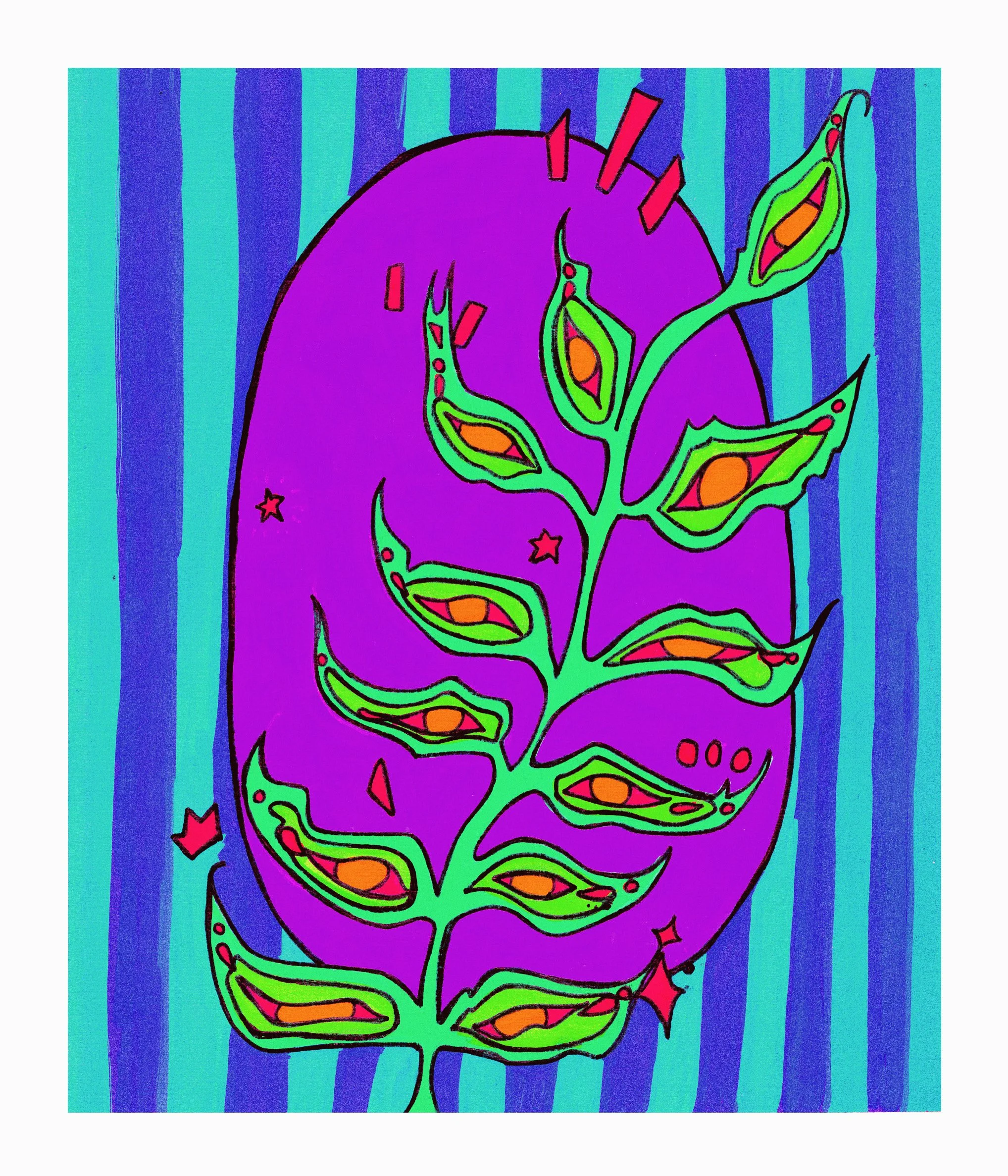 Abstract digital artwork featuring a stylized green plant with orange accents inside each leaf, set against a large purple oval background with vertical blue and teal stripes, and small red stars and geometric shapes.