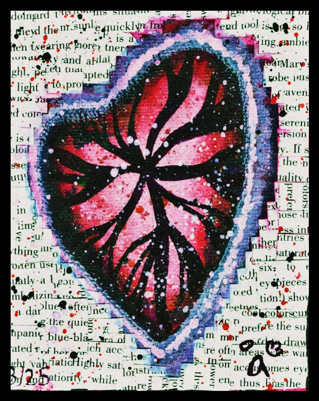 A colorful, abstract butterfly design incorporates watercolor techniques with pink, red, black, and purple hues and is overlaid on a background of cut-out text from a book, with some paint splatters and the words 'love' and a heart symbol in black in