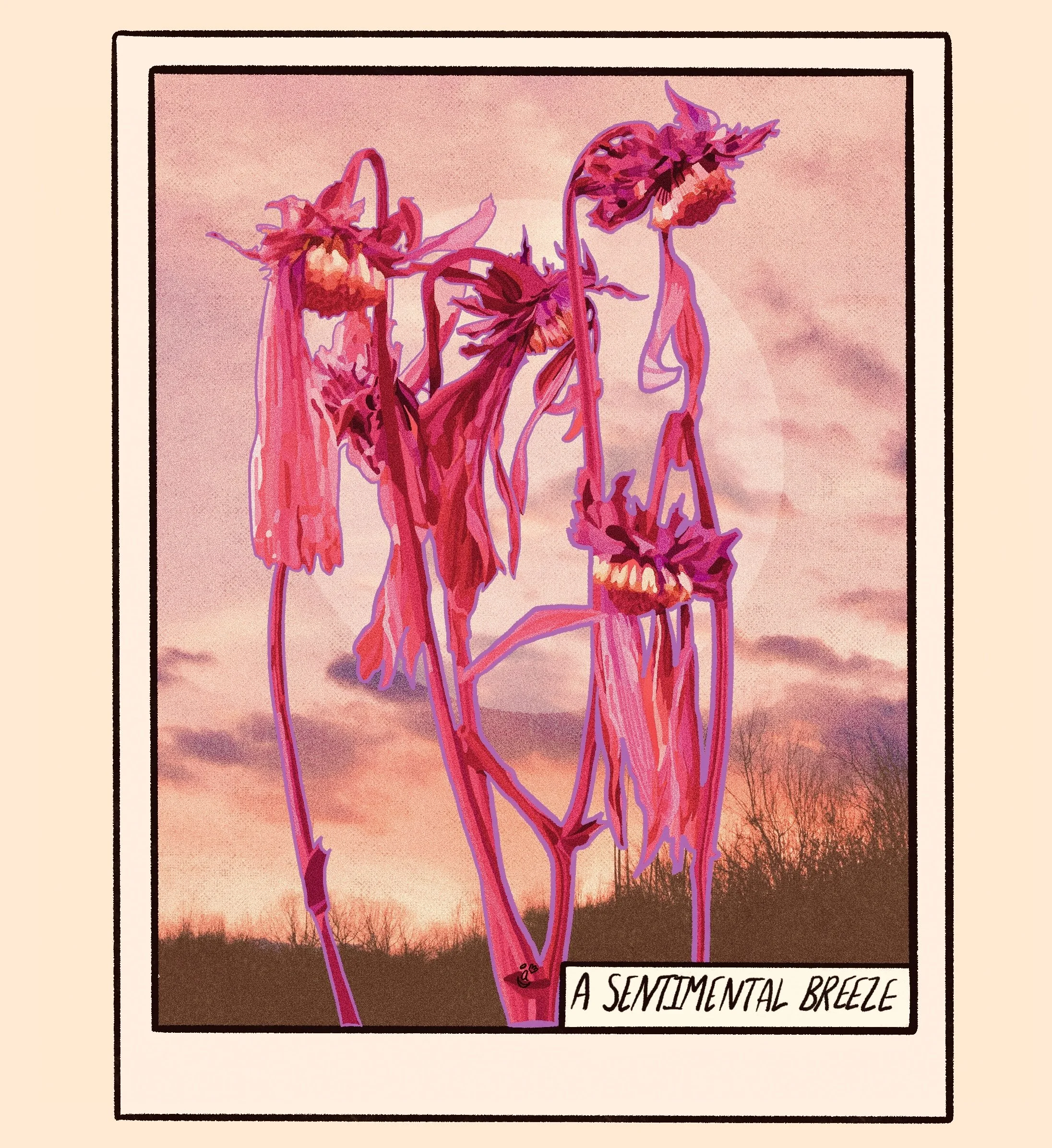 Illustration of withered pink flowers against a sunset sky, framed with a beige border. Text reads 'A Semimental Breeze'.