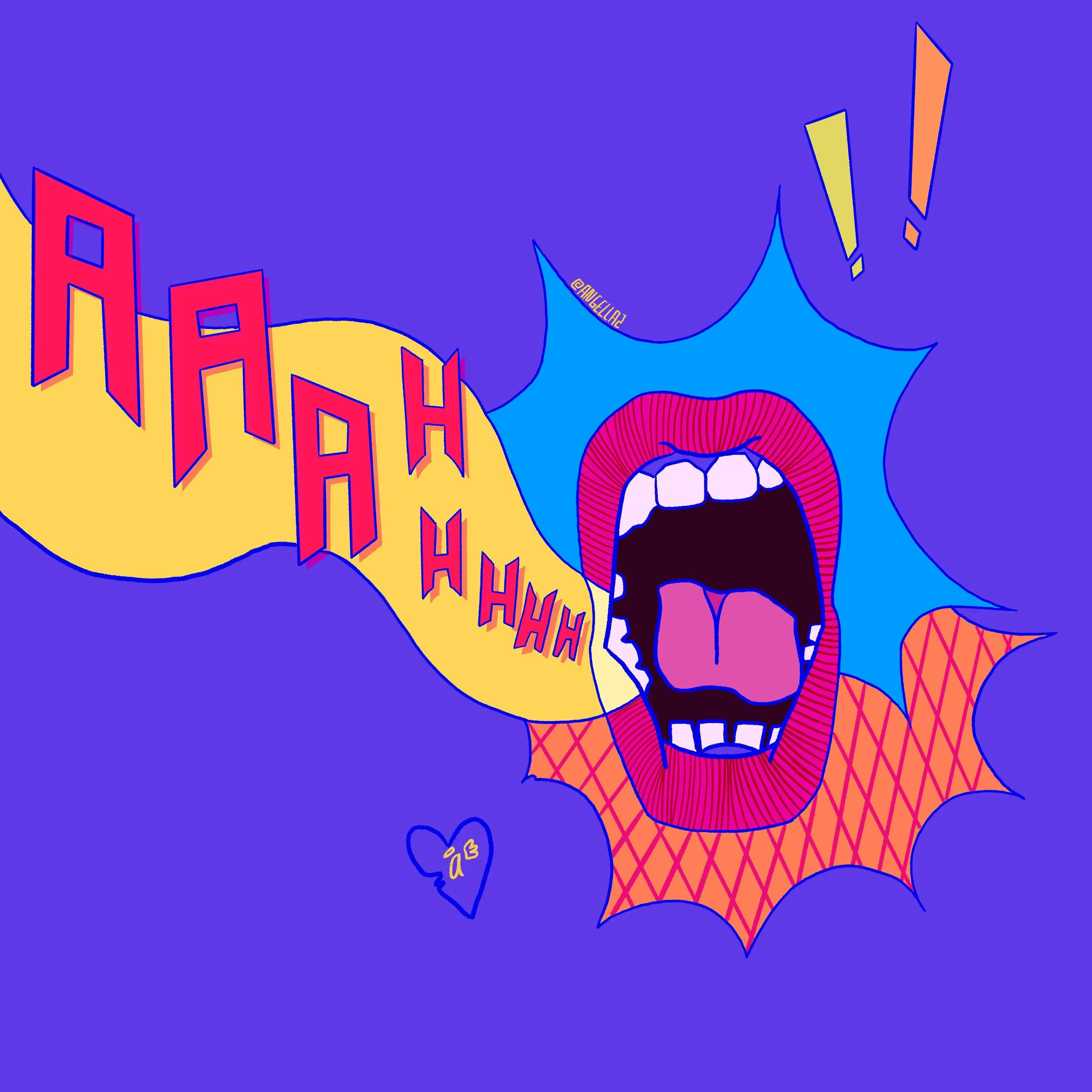 A comic-style illustration of a person shouting with their mouth wide open, showing their tongue and teeth. The background is purple, with yellow and blue explosion effects, and there is a speech bubble containing the text "AHAH" in red outlined lett