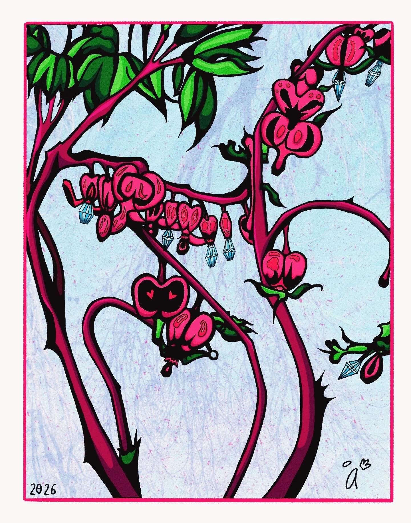 A colorful digital illustration of pink and black plant with heart-shaped cherries, green leaves, and hanging pink lanterns, against a light blue textured background.