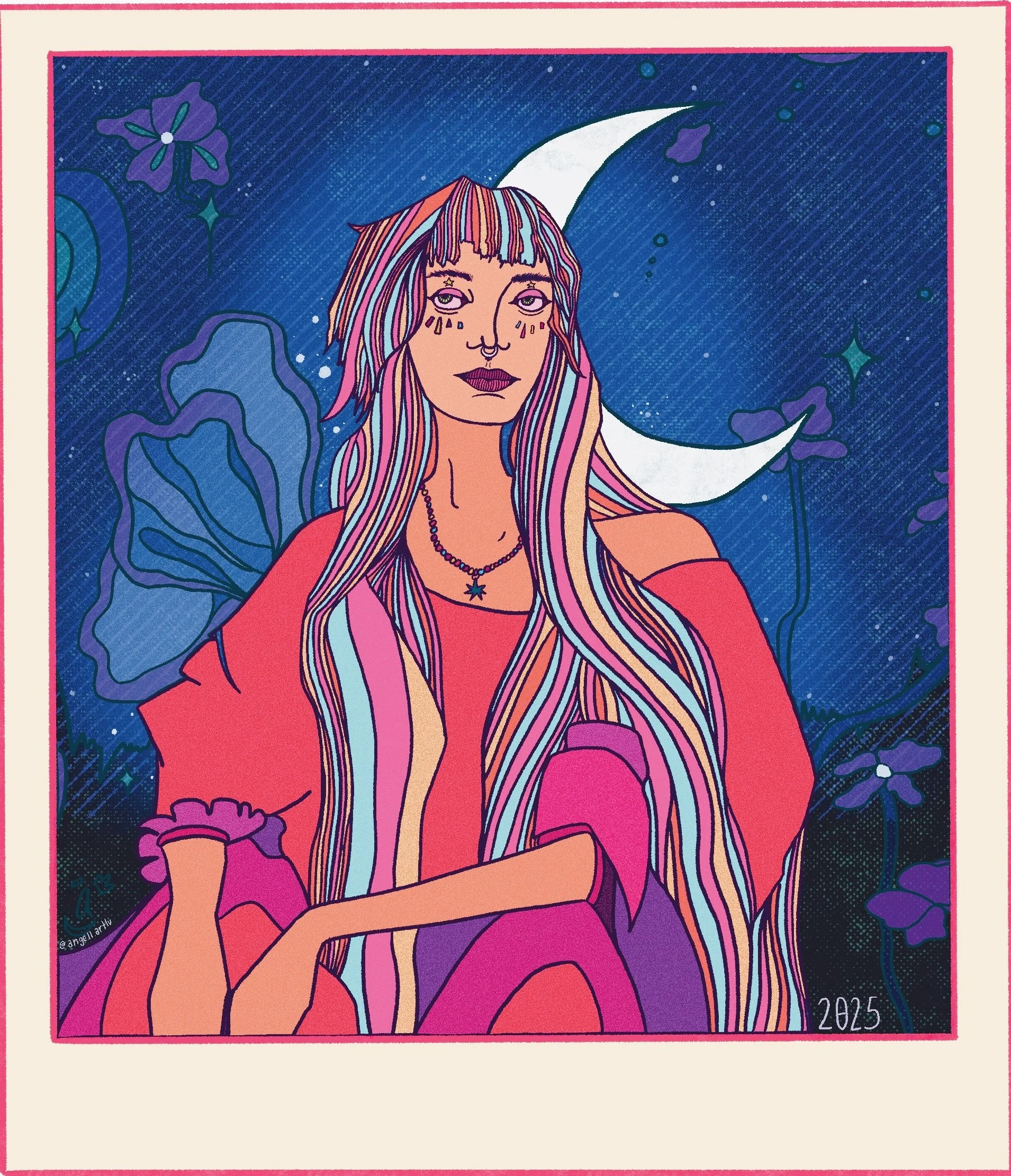 Illustration of a woman with long, multi-colored hair, wearing a necklace with a star pendant, sitting in front of a night sky with a crescent moon, stars, and flowers. The background features dark blue tones and the year 2025.