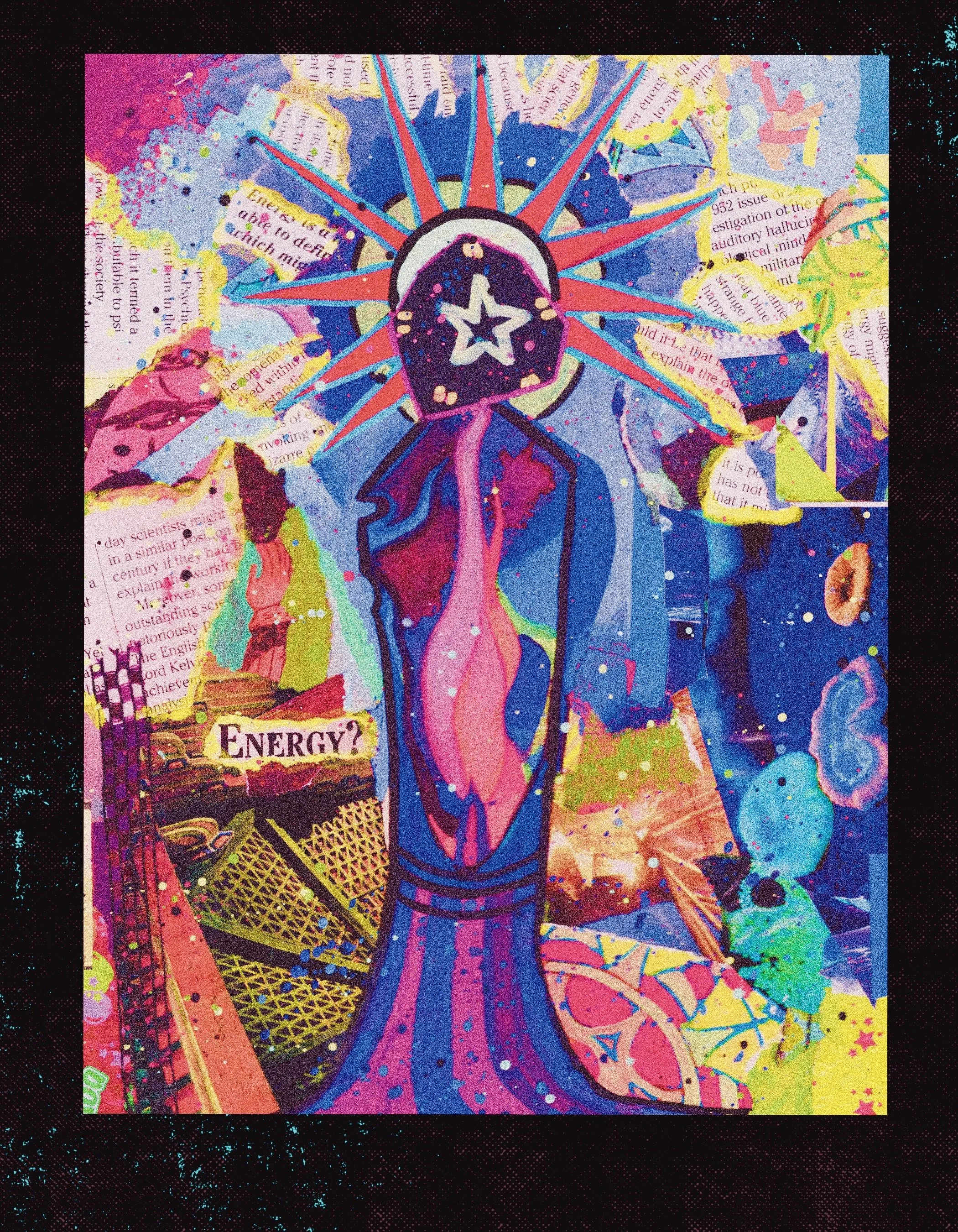 Colorful collage featuring a central illustration of a vulture with a star in the middle of its face, surrounded by vibrant abstract artwork, text snippets, and images of planets and scientific elements.