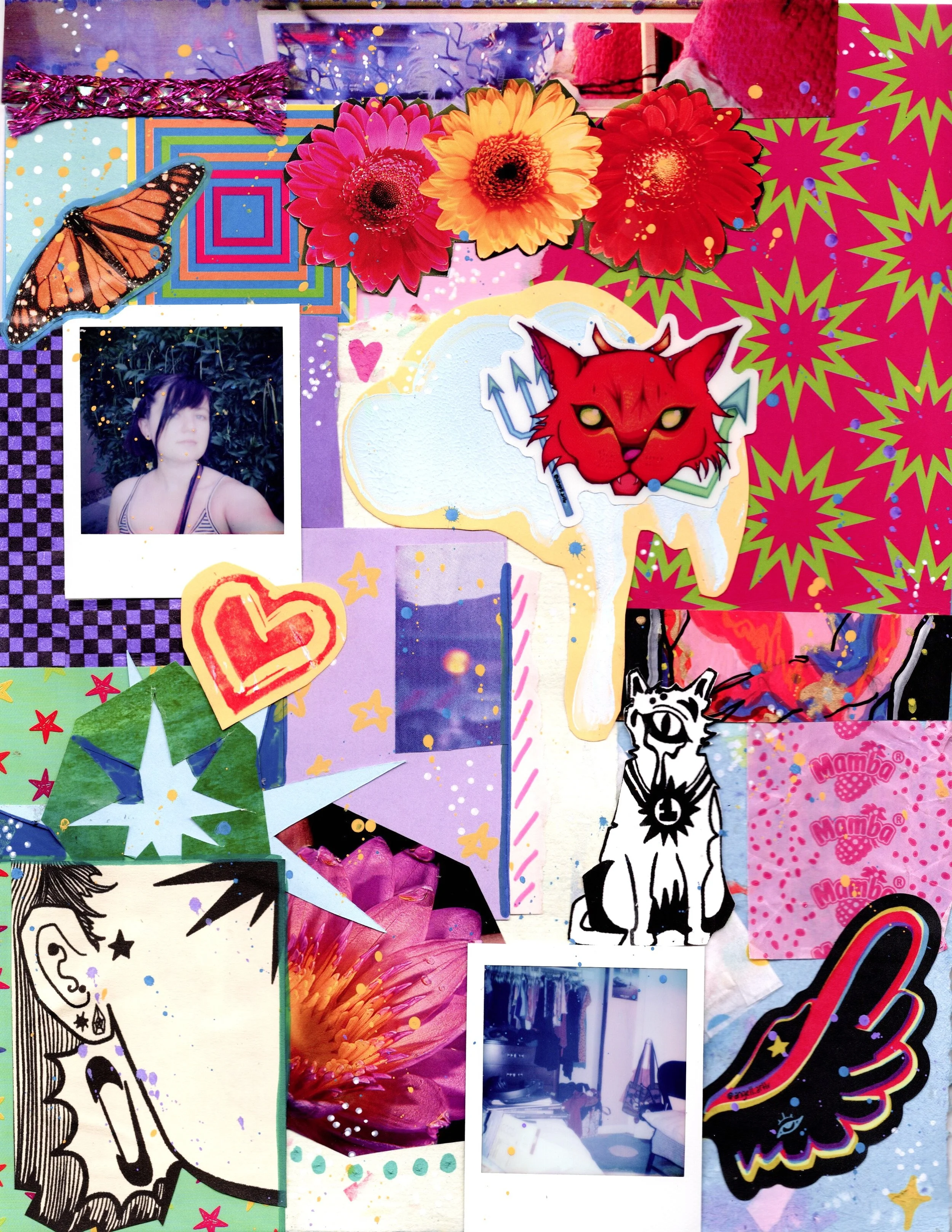 A colorful collage featuring flowers, cartoon stickers, comic-style drawings, polaroid photos, and various bright, vibrant patterns.