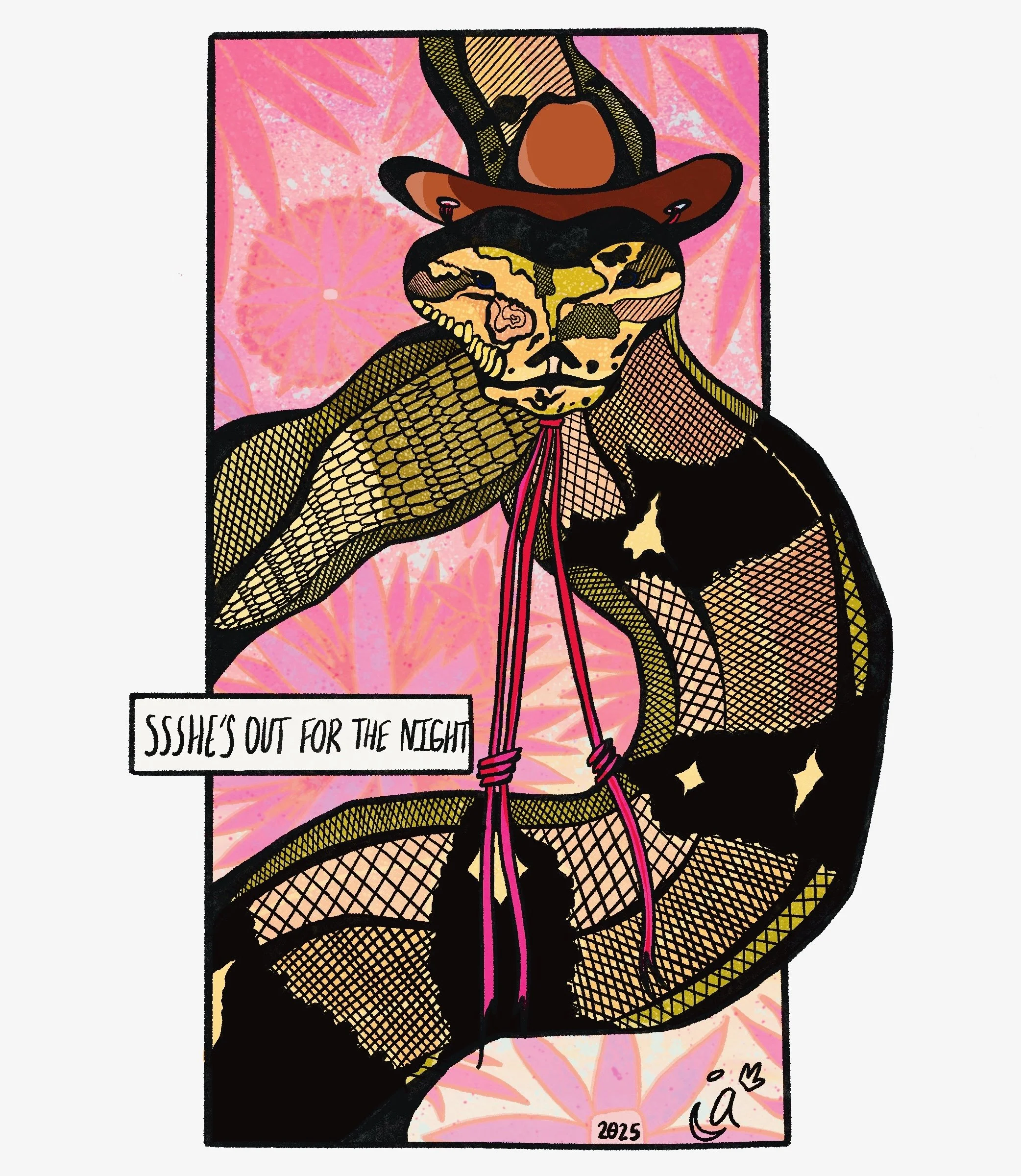 A stylized illustration of a snake wearing a cowboy hat and a cape, with a pink background featuring flower patterns. The snake has a yellow and black pattern and the text 'SSSH'S OUT FOR THE NIGHT' is displayed in a speech bubble.