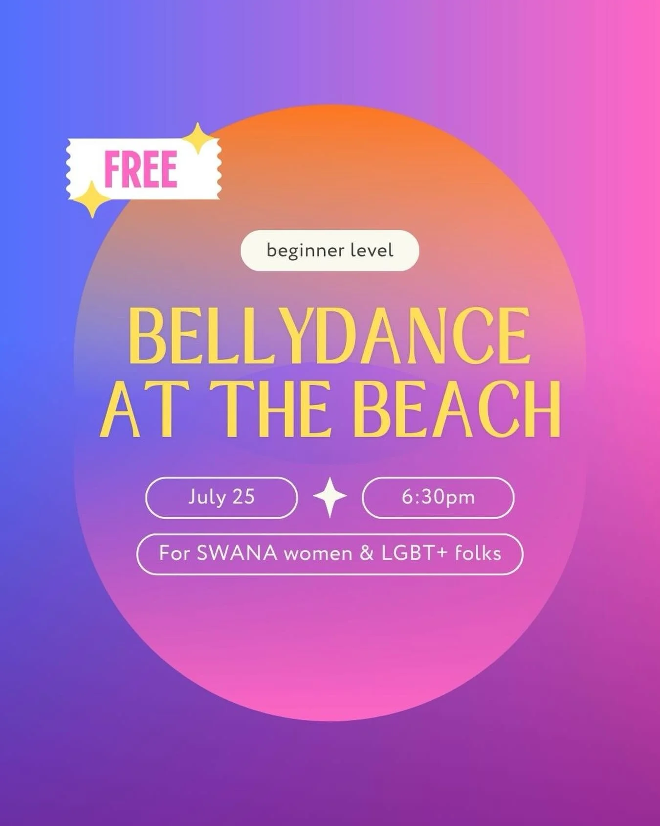 Hala ya 7lween 💕
I&rsquo;m offering a free, beginner level bellydance workshop for the SWANA community (women and LGBT+ folks prioritized). It will be in person and at the beach. DM to reserve your spot and receive full details! 

No videos or photo