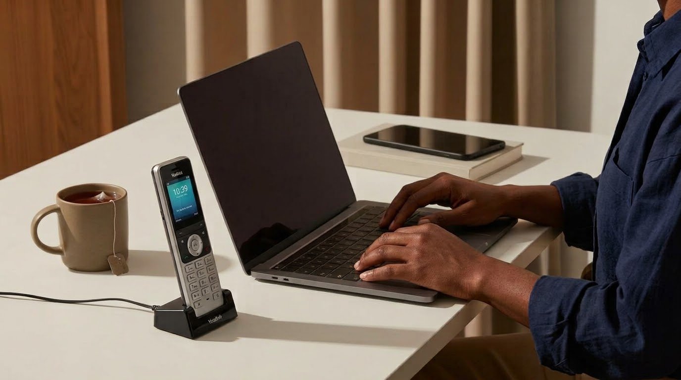 Person typing on a laptop at a desk, ready to open a support ticket