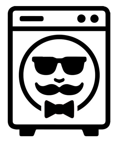 Laundry Room LA mascot: a cartoon washing machine with sunglasses, a mustache, and a bow tie