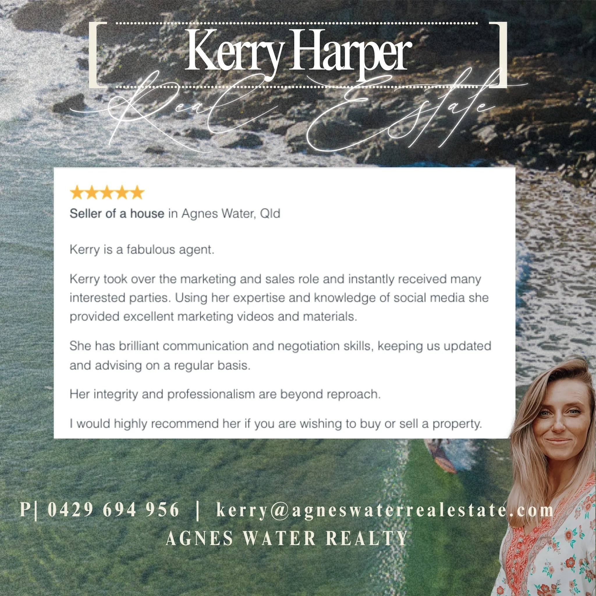 A real estate advertisement featuring the name Kerry Harper with contact information and a background photograph of water and rocks at Agnes Water Beach. Text details include her role as a seller of houses in Agnes Water, Queensland, and her expertis