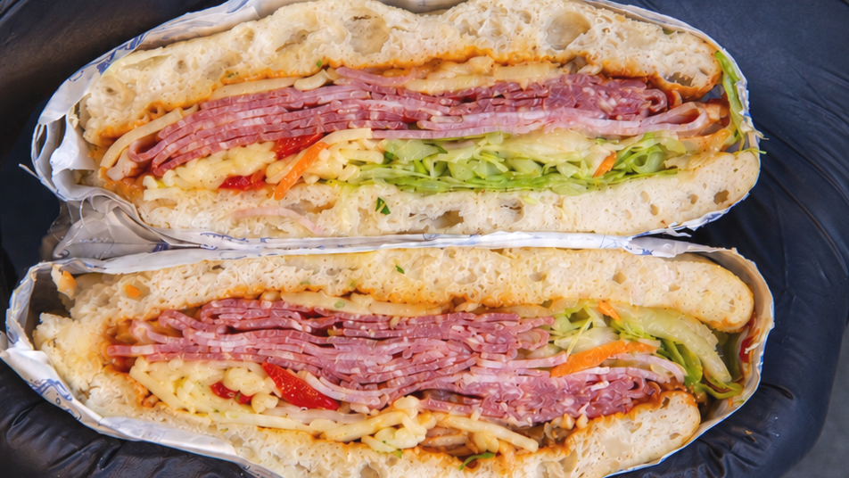 Two half-submarine sandwiches filled with sliced deli meats, cheese, lettuce, and tomato in hoagie rolls.
