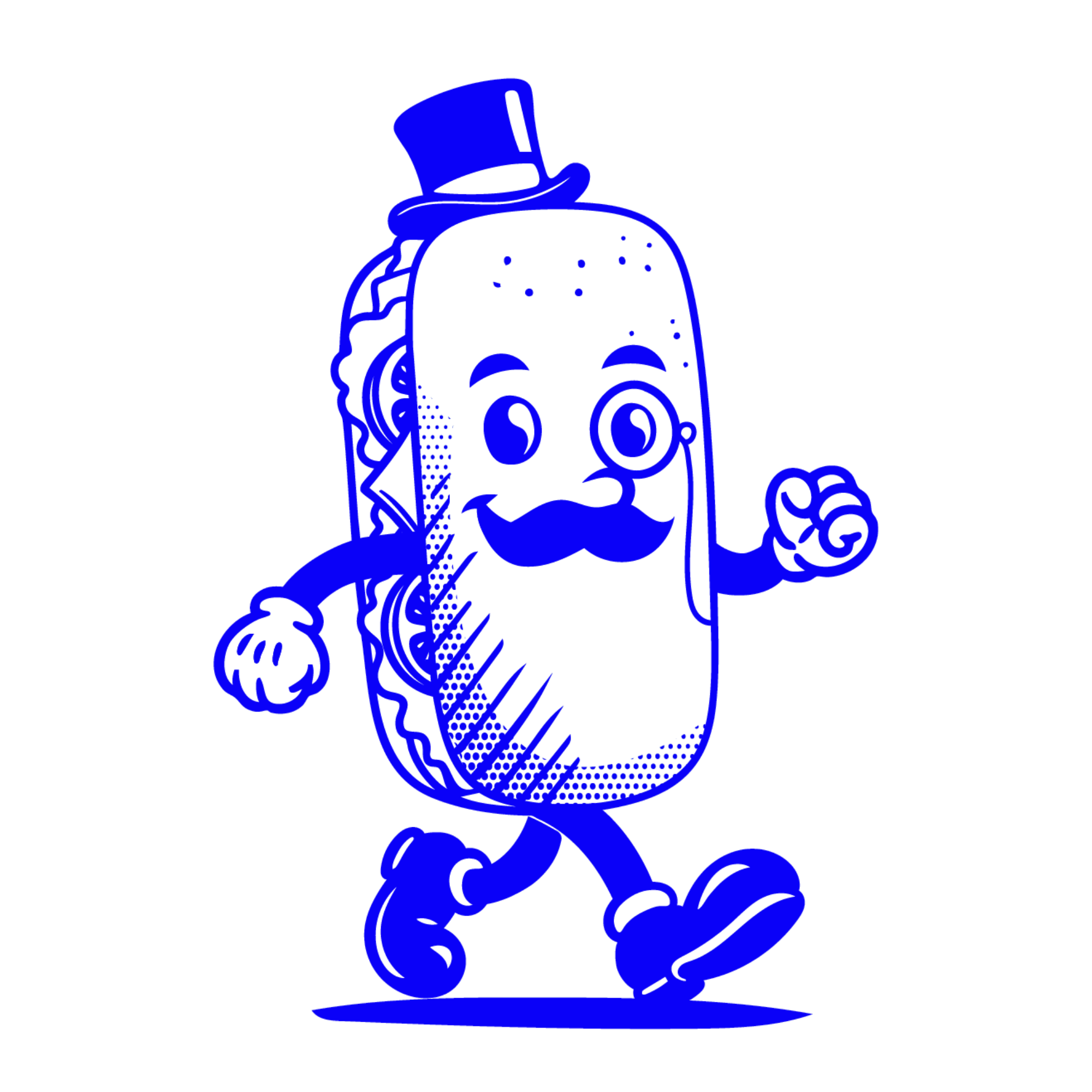 Stylised blue line icon of a Focaccia sandwich with a top hat, moustache, and monocle called Sir Sanger, the main logo of Sir Sanger Sandwiches in Surfers Paradise.