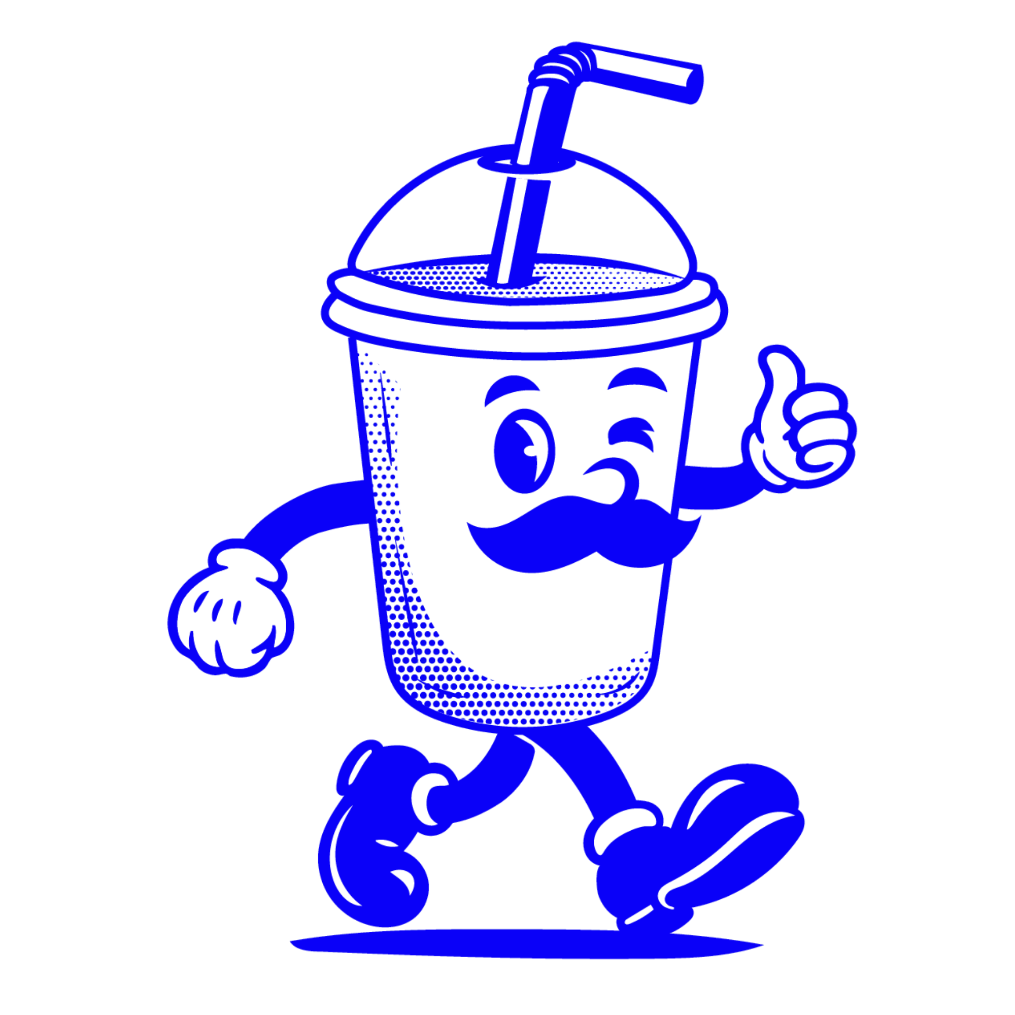 Stylised blue line icon of a cold drink with a moustache, and winking, called Sir Cold Brew, the supporting icon of Sir Sanger Sandwiches in Surfers Paradise.