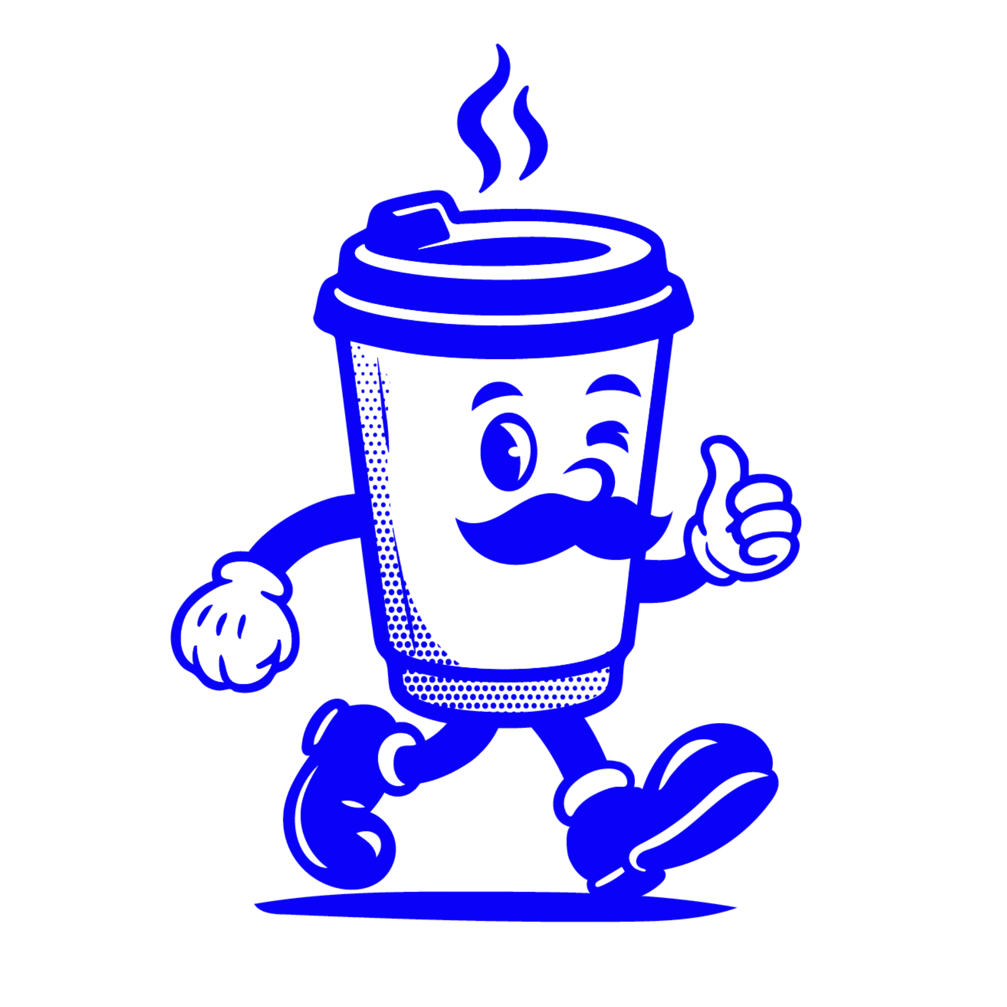 Stylised blue line icon of a coffee with a moustache and winking, called Sir Latte, the supporting icon of Sir Sanger Sandwiches in Surfers Paradise.