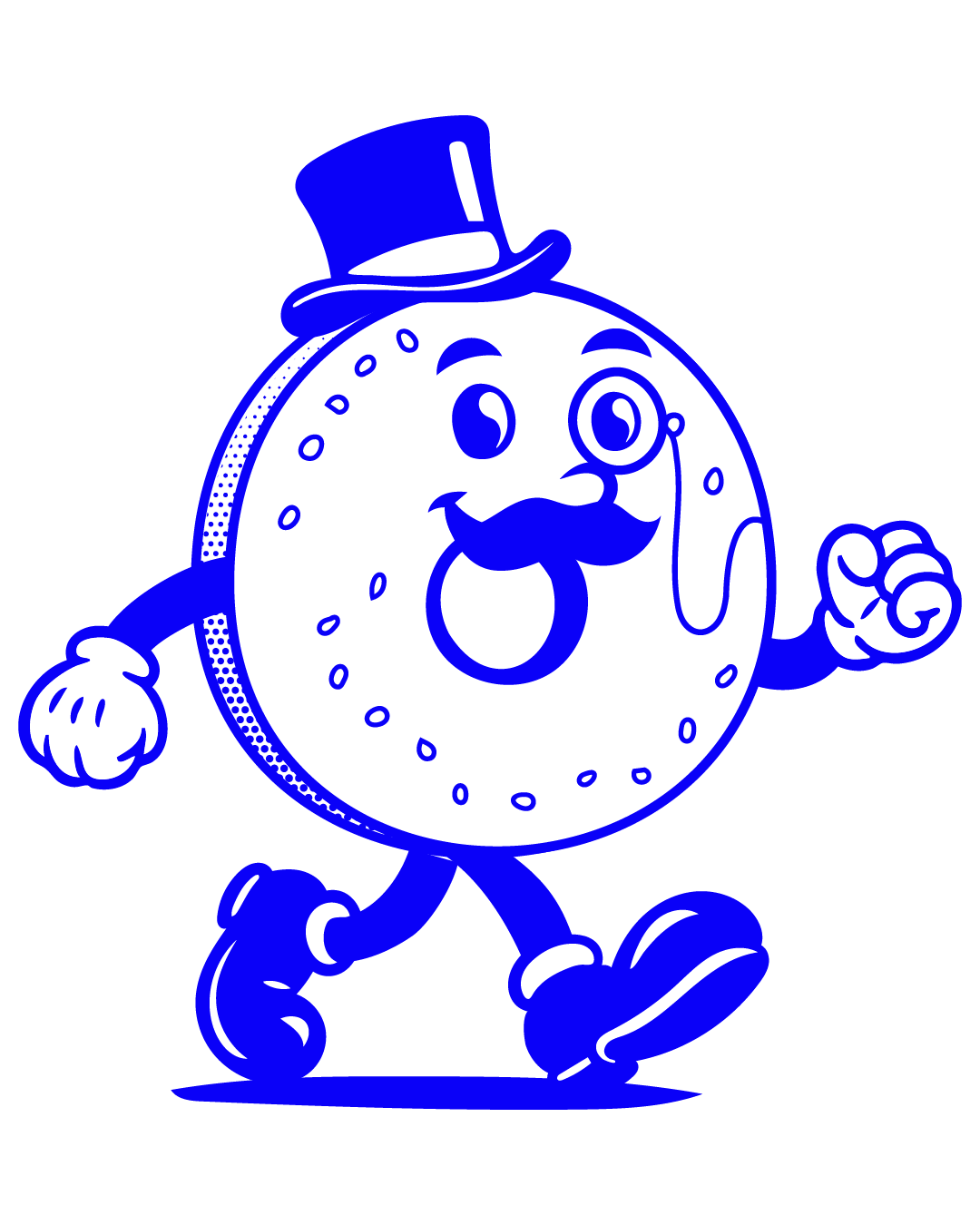 Stylised blue line icon of a bagel with a top hat, moustache, and monocle called Sir Bagel, a friend of Sir Sanger Sandwiches in Surfers Paradise.