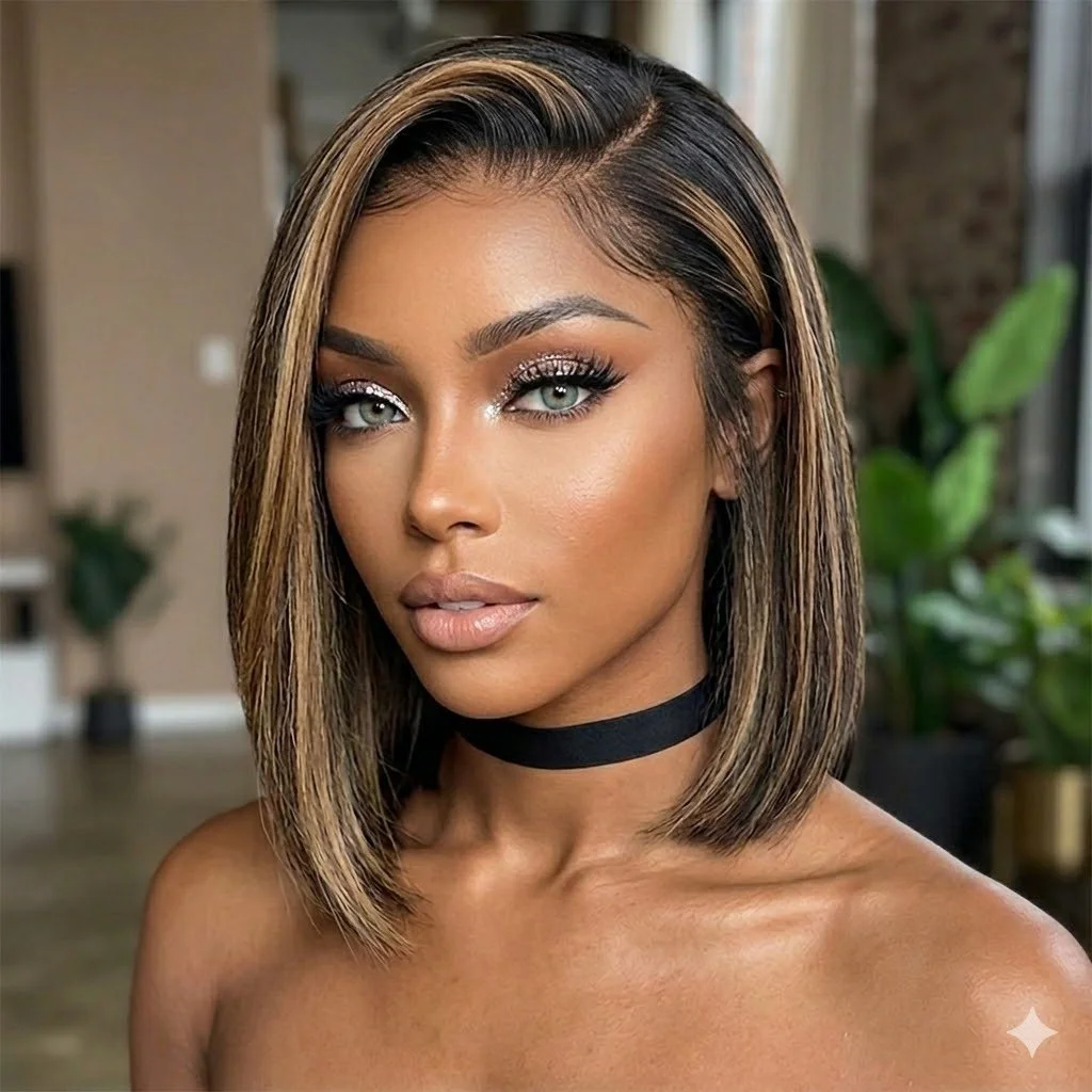 Frontal Lace, Straight Short Bob Wig with Bangs, C Part and Blonde Highlights 10