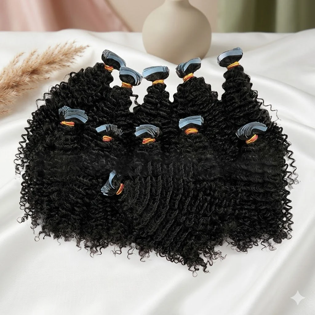 Afro-textured Kinky Curly Tape In Remy Hair Extensions #1B Natural Black