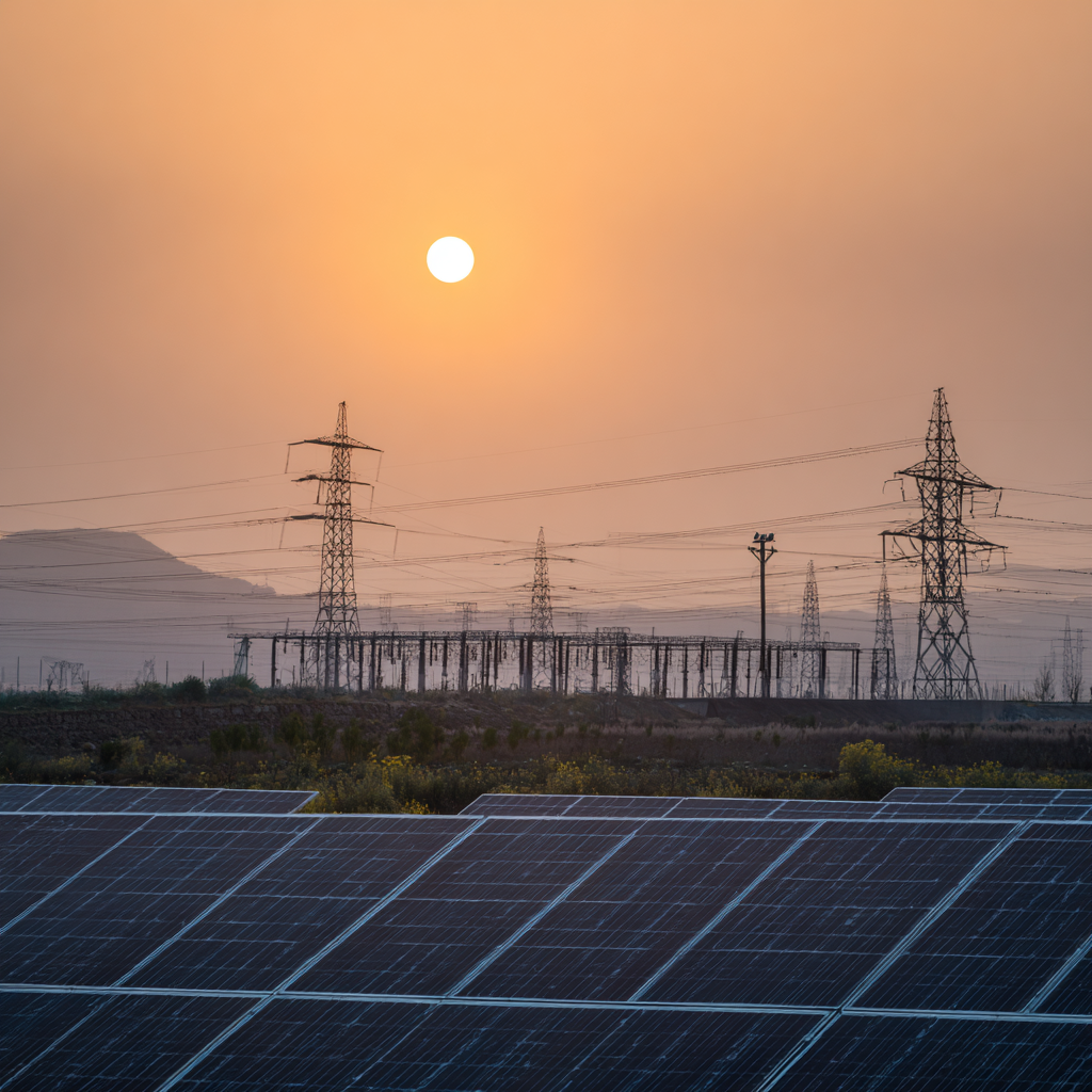 Solar panels in the foreground with high-voltage power lines and towers under an orange sunset sky.
