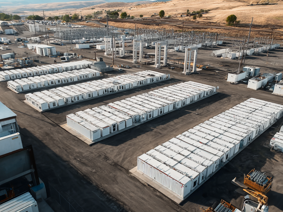 An aerial view of a large industrial storage yard with multiple rows of refrigerated shipping containers and cooling units, set against a hilly landscape with some trees and power lines in the background.
