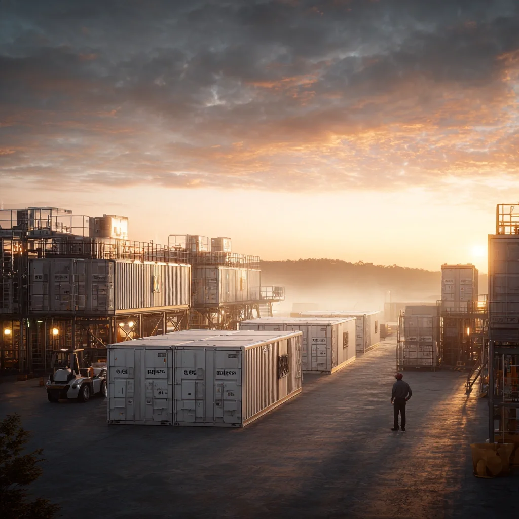 Industrial site with shipping containers, a forklift, and a person walking at sunrise or sunset under a partly cloudy sky.