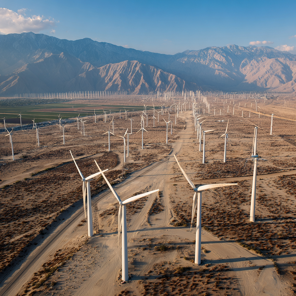 A vast desert landscape filled with numerous white wind turbines stretching towards distant mountains under a clear sky.