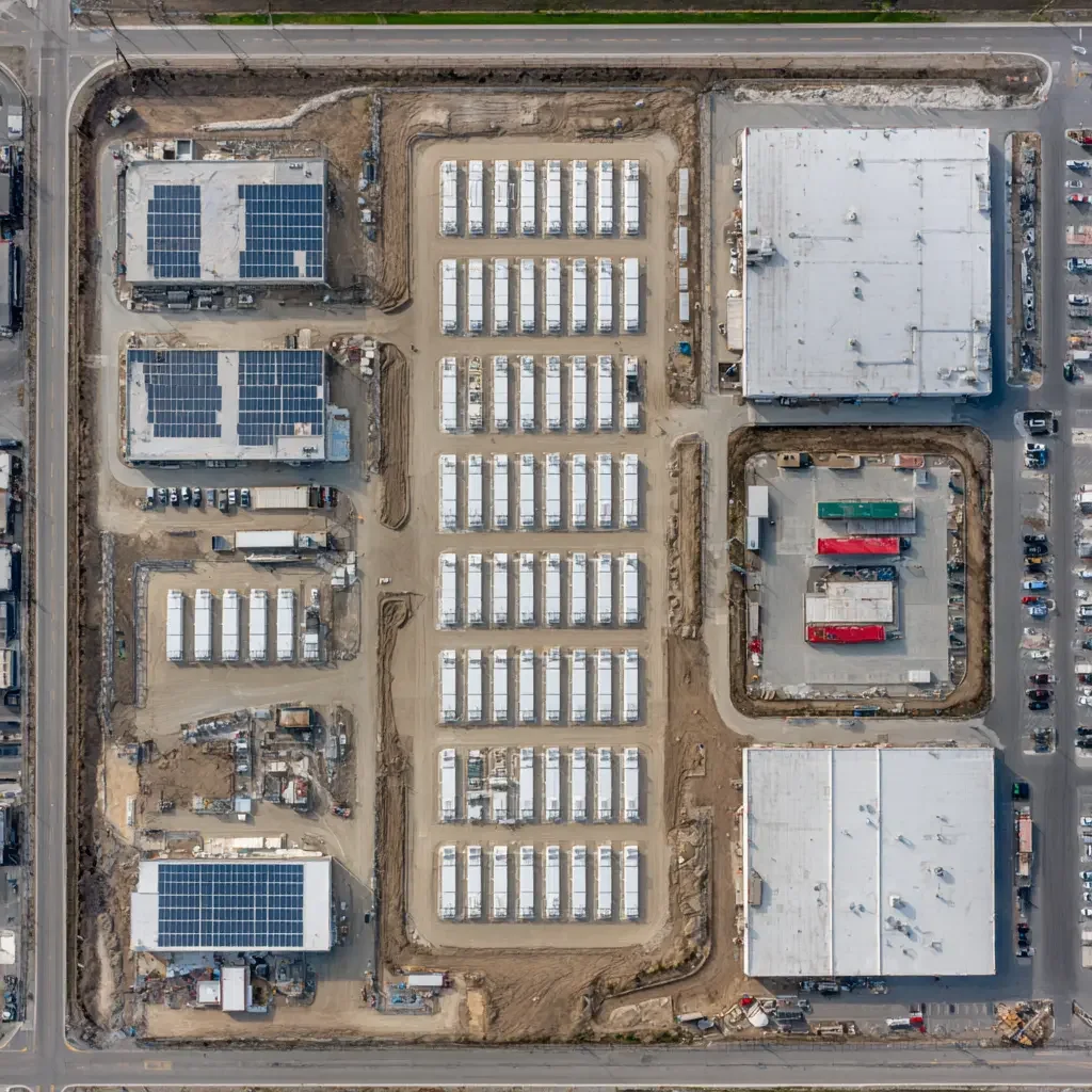 Construction site with multiple buildings, some of which have solar panels on their roofs, and numerous portable temporary structures arranged in rows, surrounded by roads and parking lots.