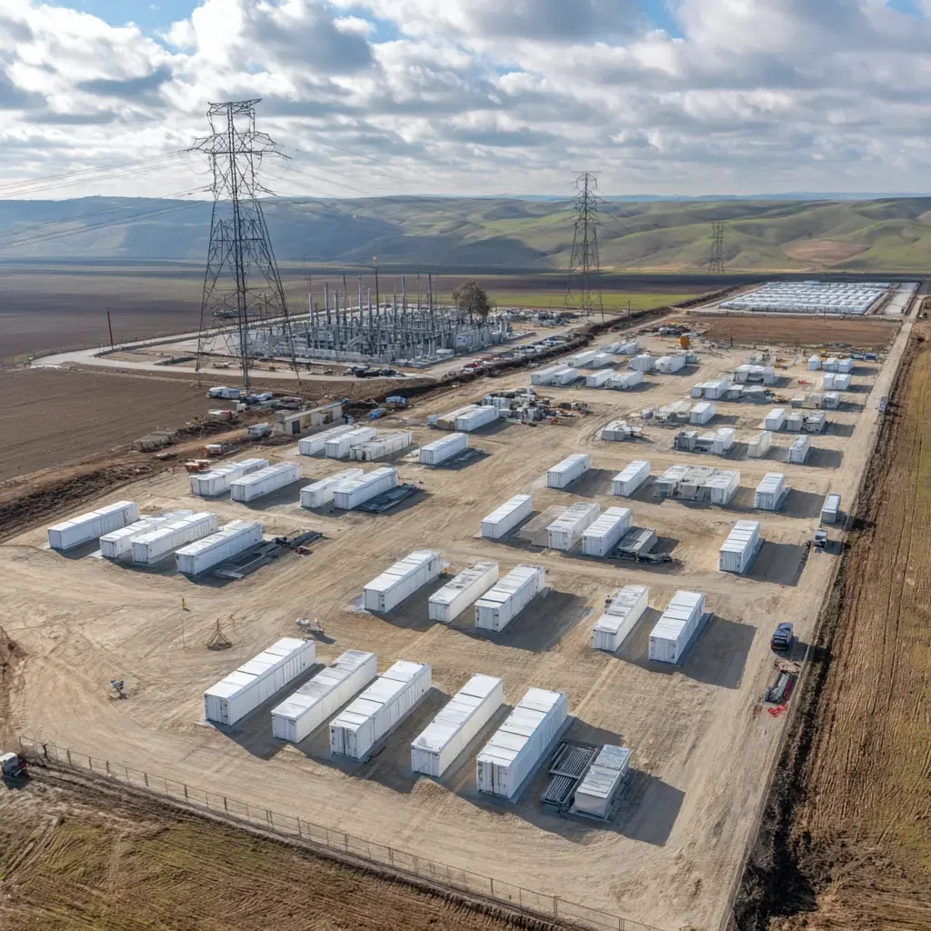 A large construction site with multiple white temporary structures and electrical infrastructure, including tall power line towers, against a backdrop of rolling hills and cloudy sky.